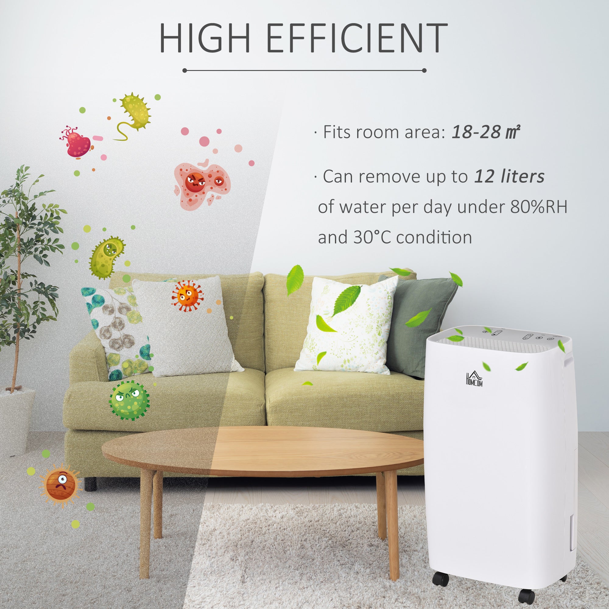 HOMCOM 12L/Day Dehumidifier with Continuous Drainage, 2.5L Water Tank, 24H Timer, Humidity Display, for Home Damp, Condensation, Mould and Laundry Drying, White