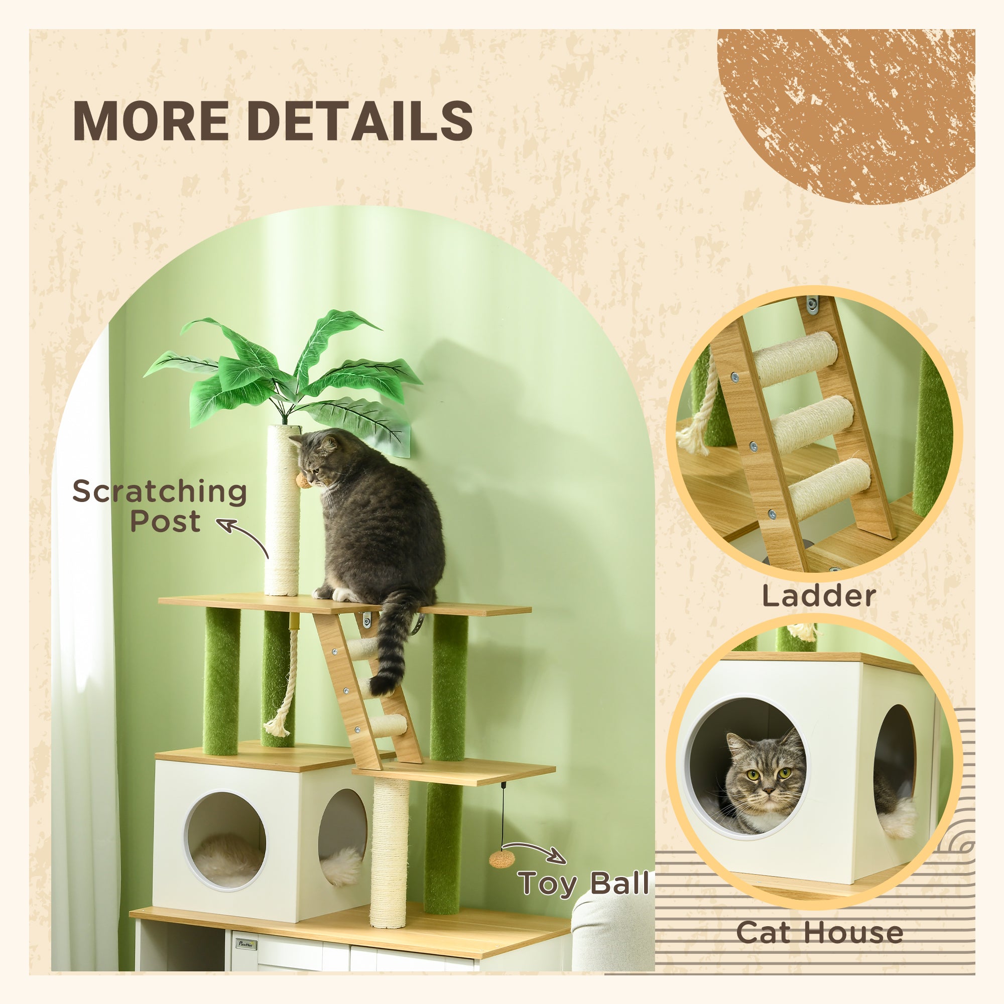 PawHut 2-in-1 Hidden Cat Litter Box, Green Leaf Cat Tree, with House, Ladder, Scratching Posts, Platforms, Indoors -Oak