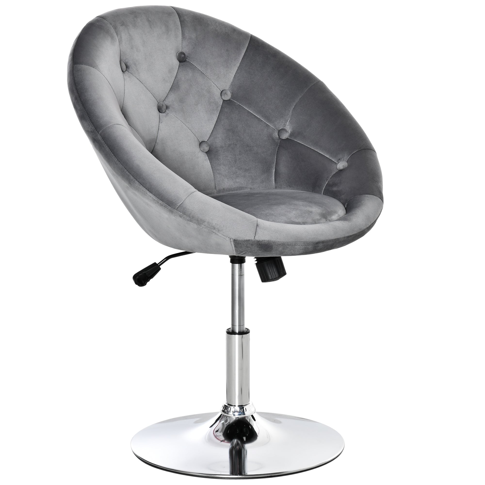 HOMCOM Swivel Dressing Stool, Velvet-feel Upholstered Vanity Chair, Adjustable Height Tub Makeup Chair with Button Tufting and Thick Padding, Breakfast Dining Chair, Grey - North Peak Garden Furniture