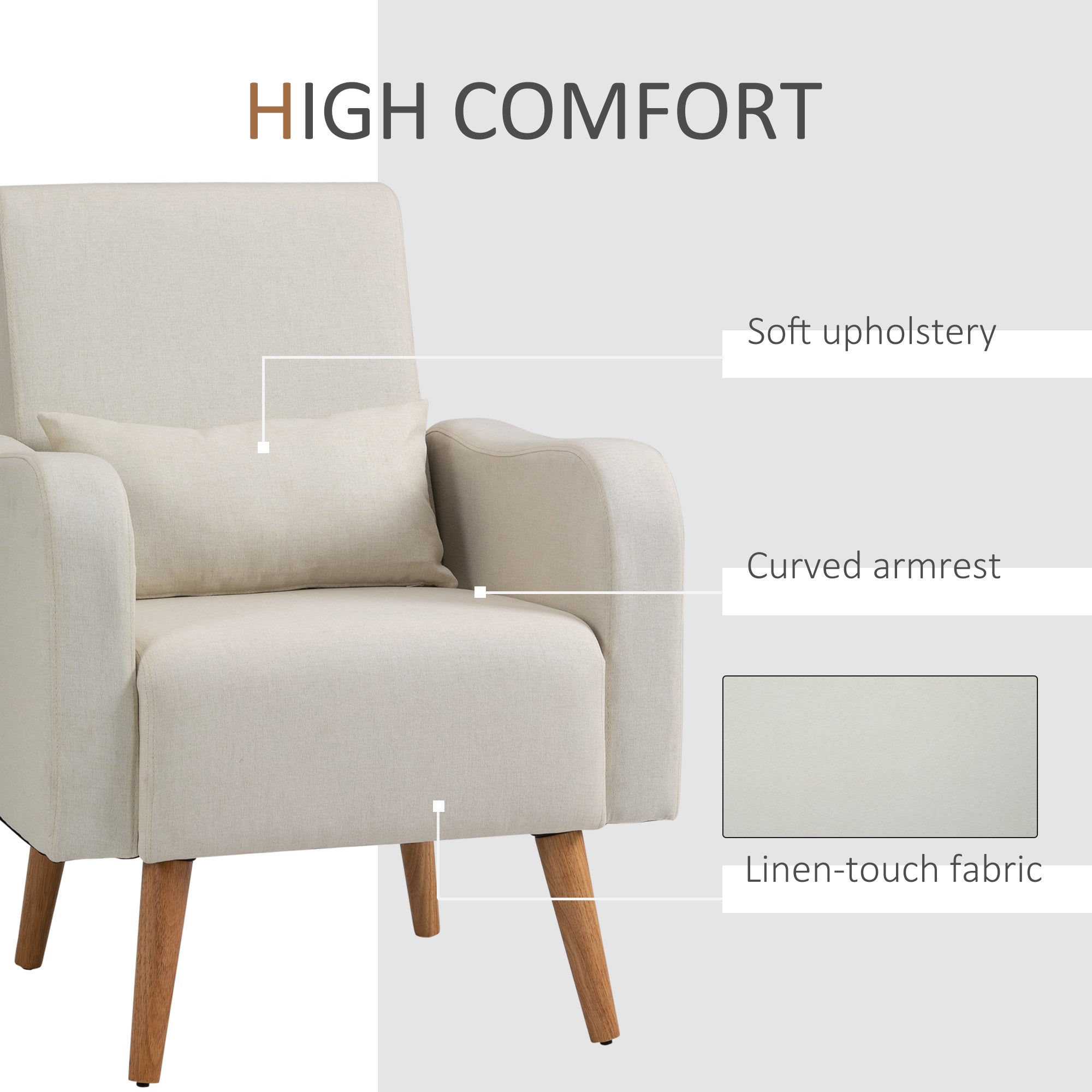 HOMCOM Accent Chair, Linen-Touch Armchair, Upholstered Leisure Lounge Sofa for Living Room, Club Chair with Wooden Frame, Cream