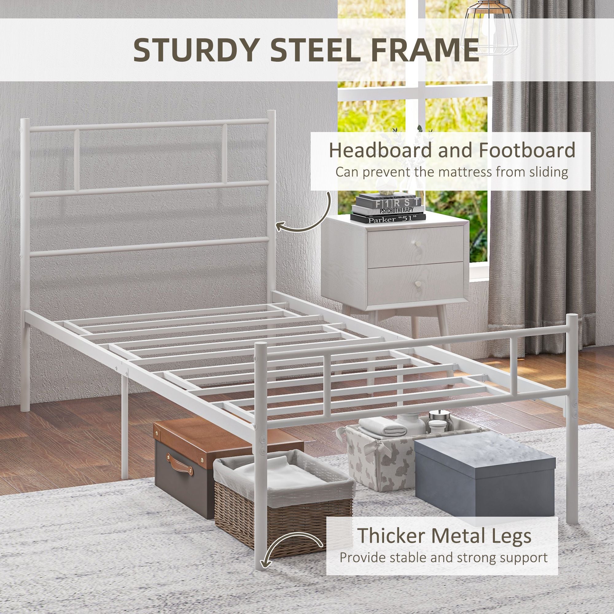 HOMCOM Single Bed Frame, Metal Bed Base with Headboard and Footboard, Metal Slat Support and 31cm Underbed Storage Space - North Peak Garden Furniture