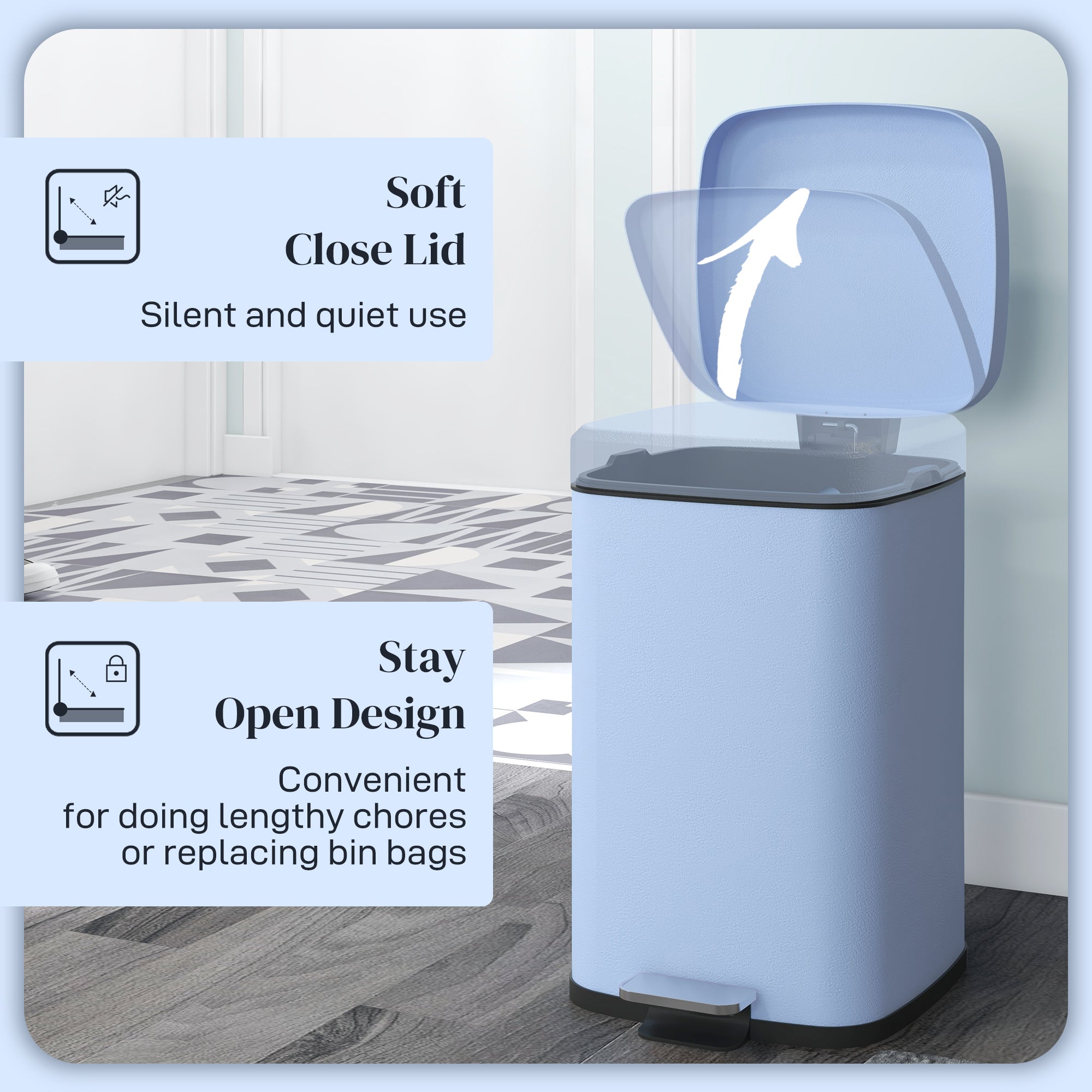 HOMCOM 20L Modern Boxy Metal Home Kitchen Bin - Light Blue - North Peak Garden Furniture