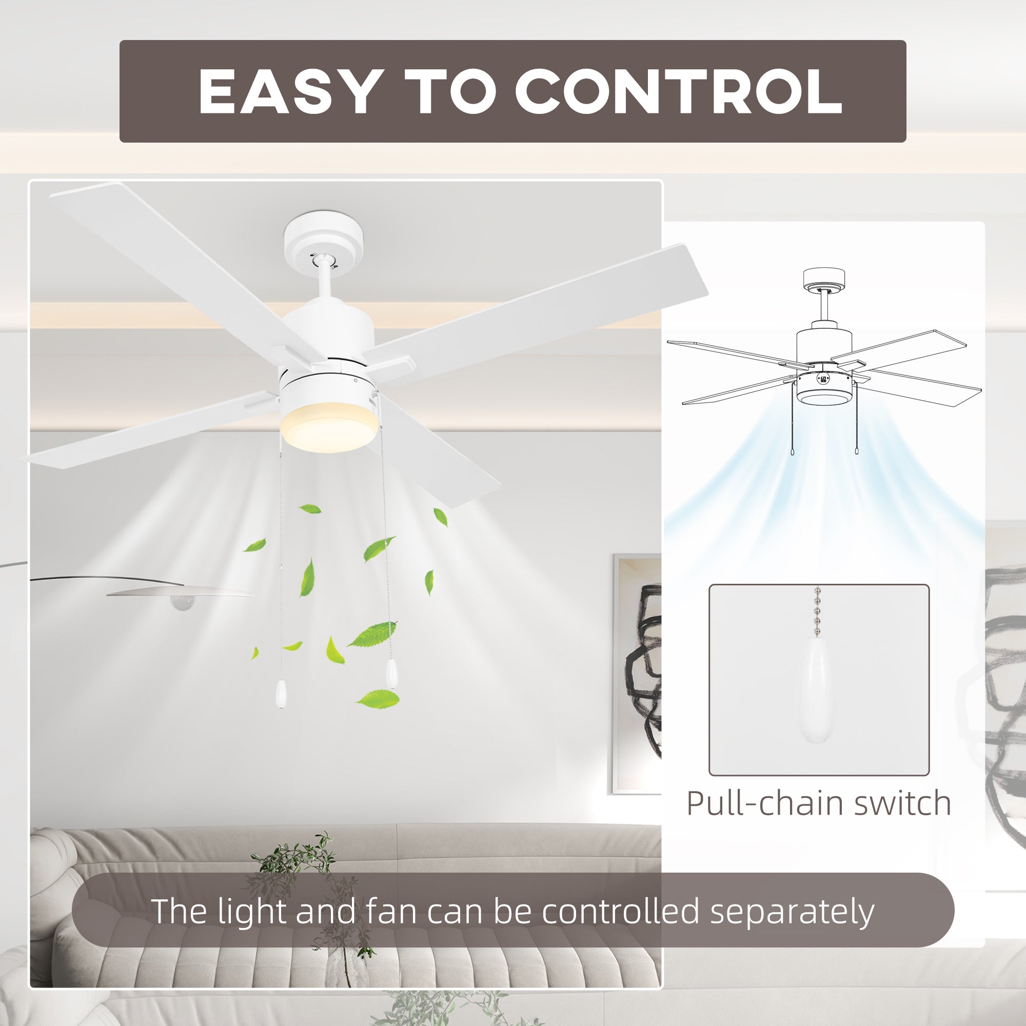 HOMCOM Ceiling Fan with LED Light, Flush Mount Ceiling Fan Lights with Reversible Blades, Pull-chain, White and Natural Tone - North Peak Garden Furniture