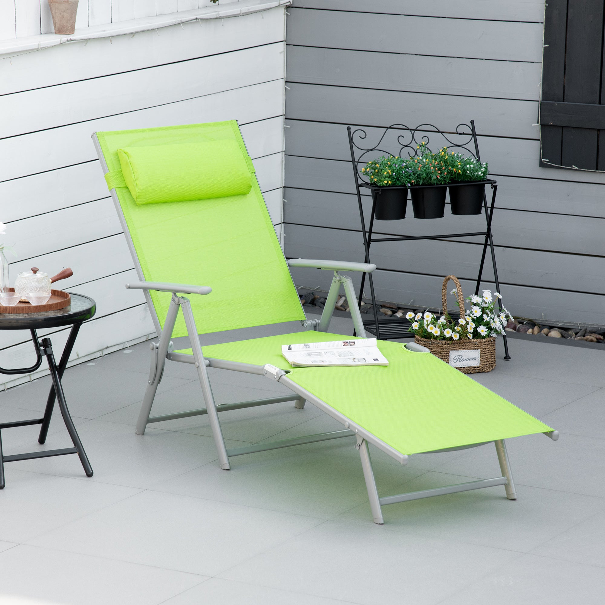 Outsunny Folding Sun Lounger, Outdoor Chaise Lounge Recliner with Pillow and 7 Adjustable Backrest for Lawn, Garden - North Peak Garden Furniture