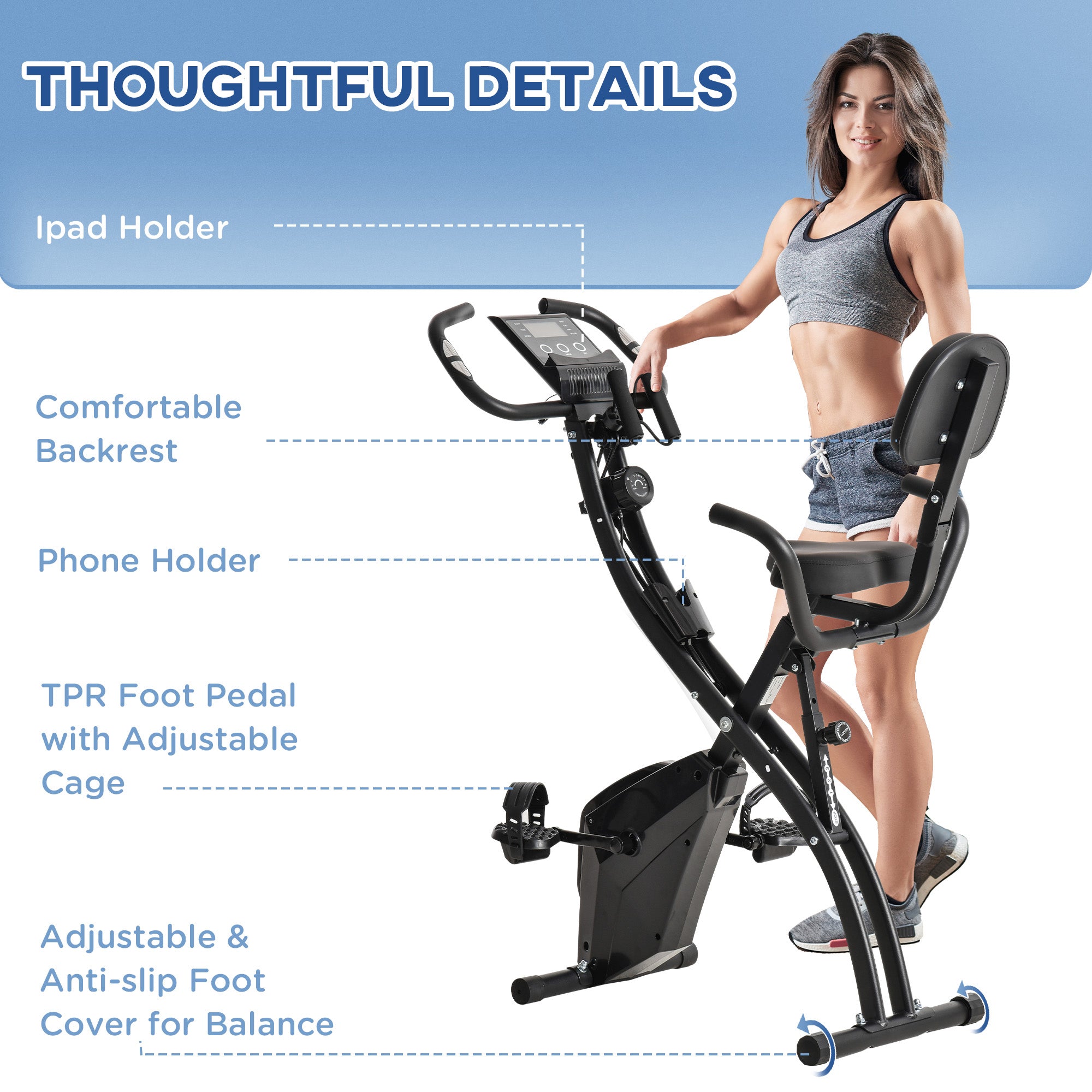 HOMCOM 2-in-1 Folding Exercise Bike with 8-Level Magnetic Resistance, Arm Resistance Band, Pulse Sensor, Black - North Peak Garden Furniture