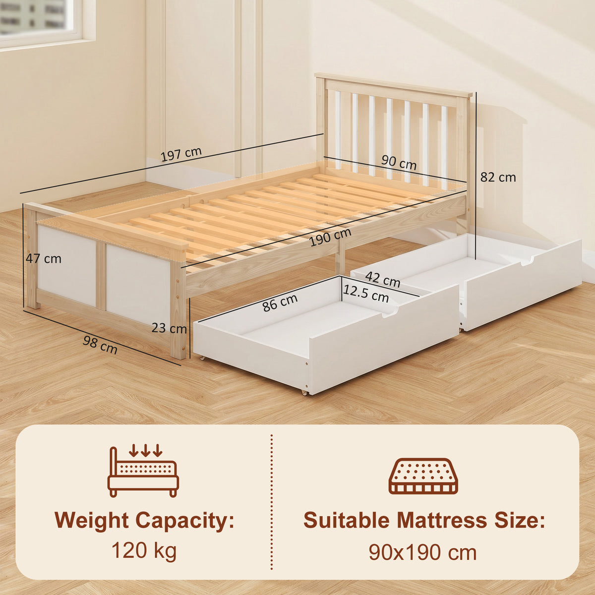 HOMCOM Pine Storage Bed, 3ft Single Solid Wooden Bed Frame with Drawers, Headboard, Wood Slat Support, Natural Wood Finish