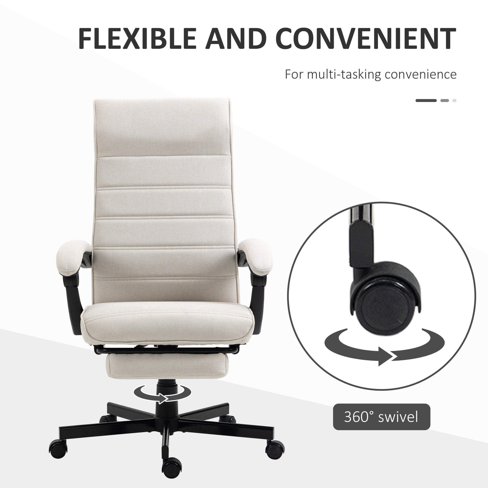 Vinsetto Office Chair, Computer Desk Chair, Fabric Swivel Chair with Adjustable Height and Rolling Wheels for Home Office Work Study, Cream White - North Peak Garden Furniture