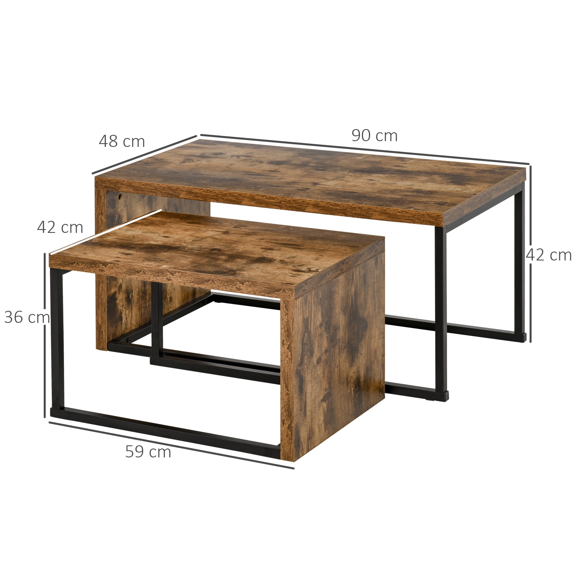HOMCOM Coffee Tables Nesting Table Set of 2 Side Table w/ Metal Frame for Living Room Bedroom Black & Brown - North Peak Garden Furniture