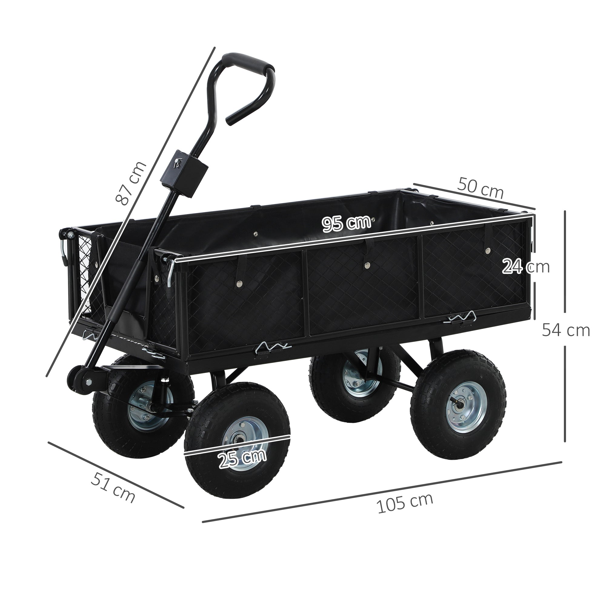 Outsunny 114L Steel Frame Garden Cart Trolley - Black - North Peak Garden Furniture