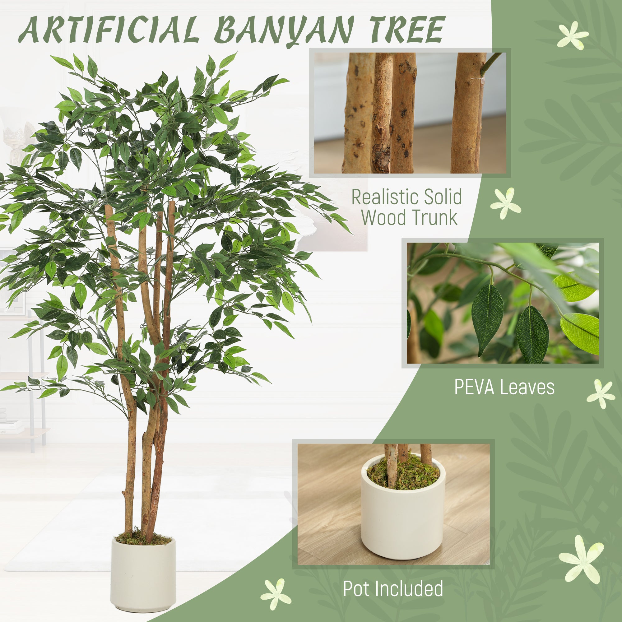 HOMCOM 150cm Artificial Ficus Tree, Fake Potted Tree with Solid Wood Trunk and Pot for Indoor, Green