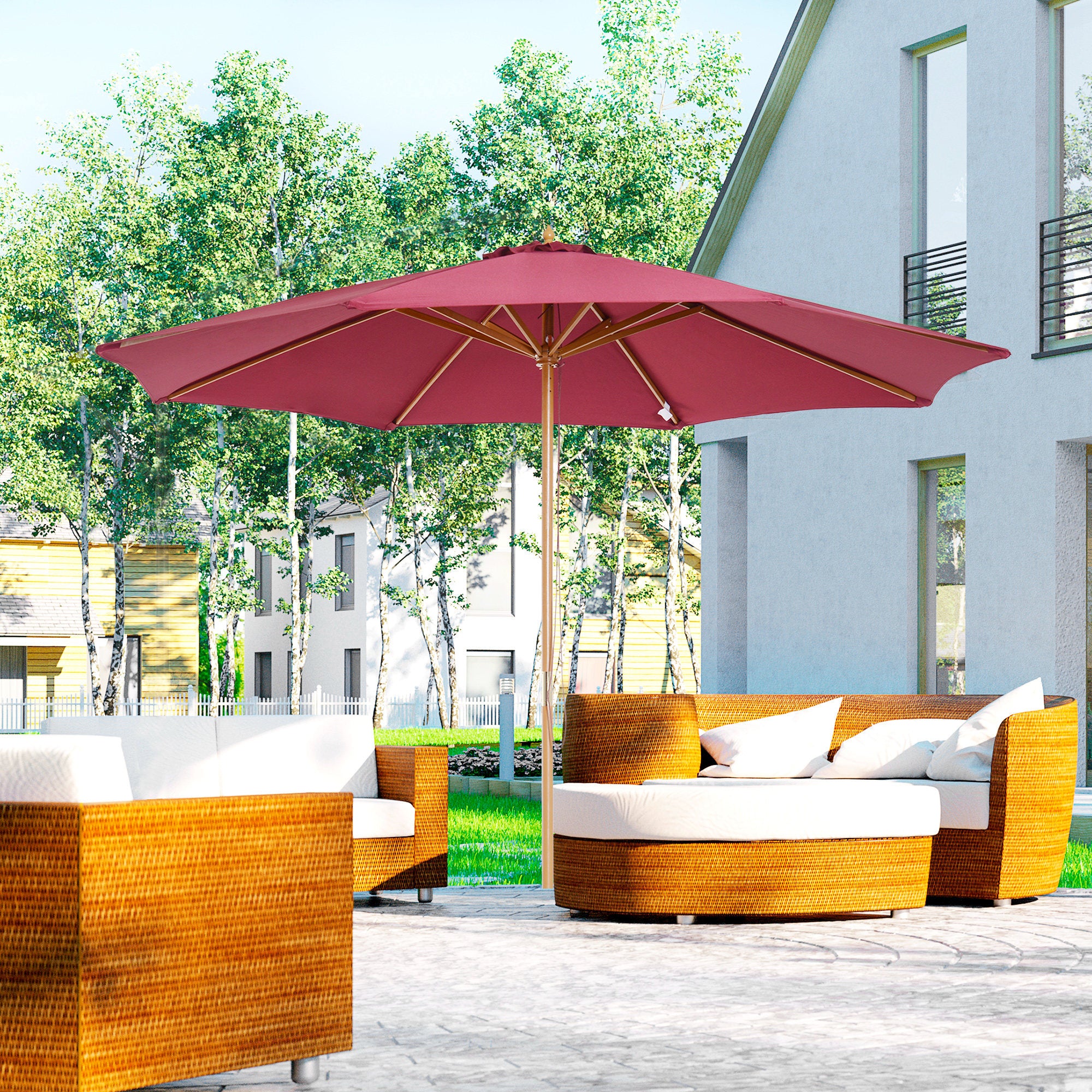 Outsunny 3(m) Garden Parasol, Pulley Operated Patio Umbrella, Wooden Table Market Umbrella with Rope Pulley Mechanism and 8 Ribs, Wine Red - North Peak Garden Furniture