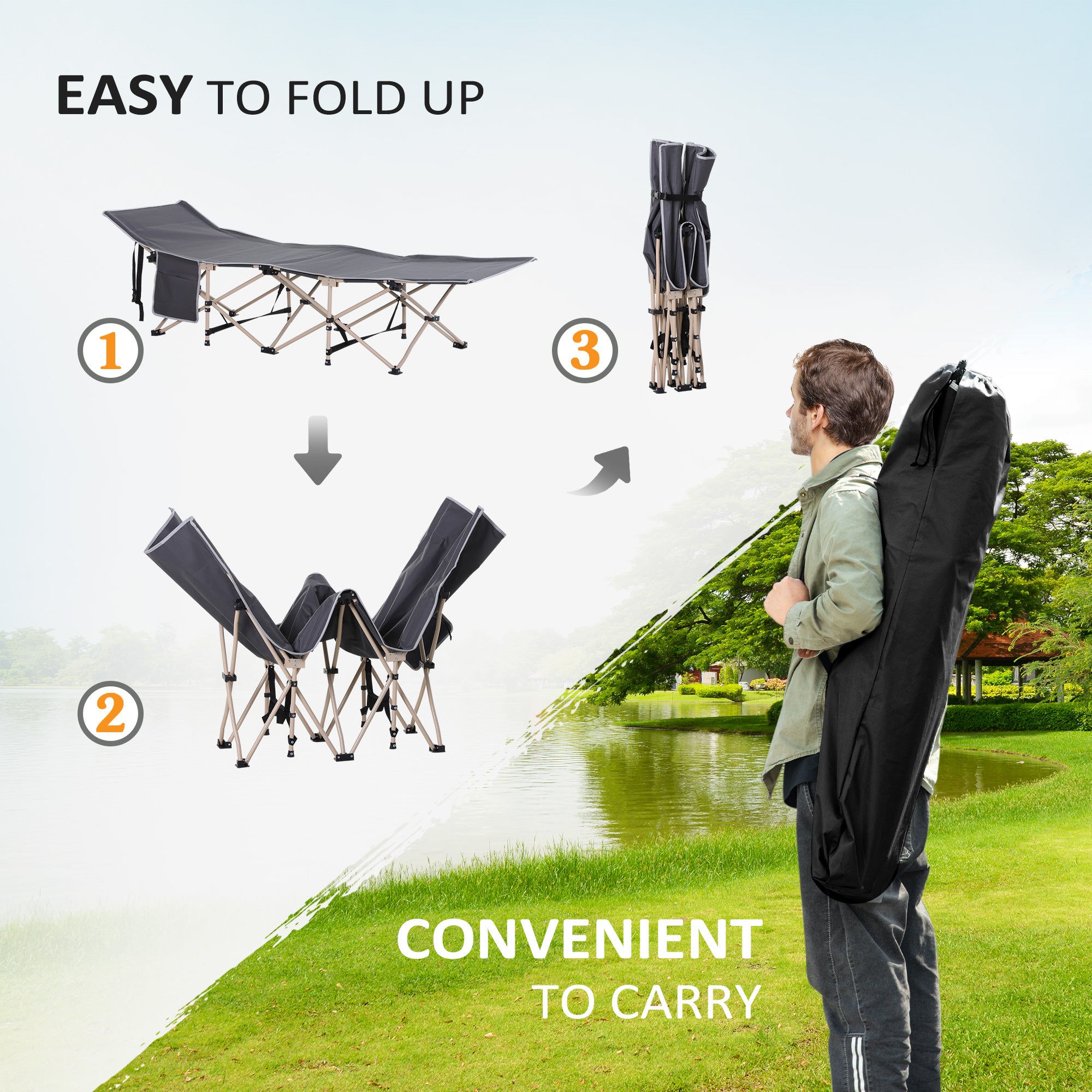 Outsunny Single Steel Frame Portable Camping Cot, with Carry Bag - Grey - North Peak Garden Furniture