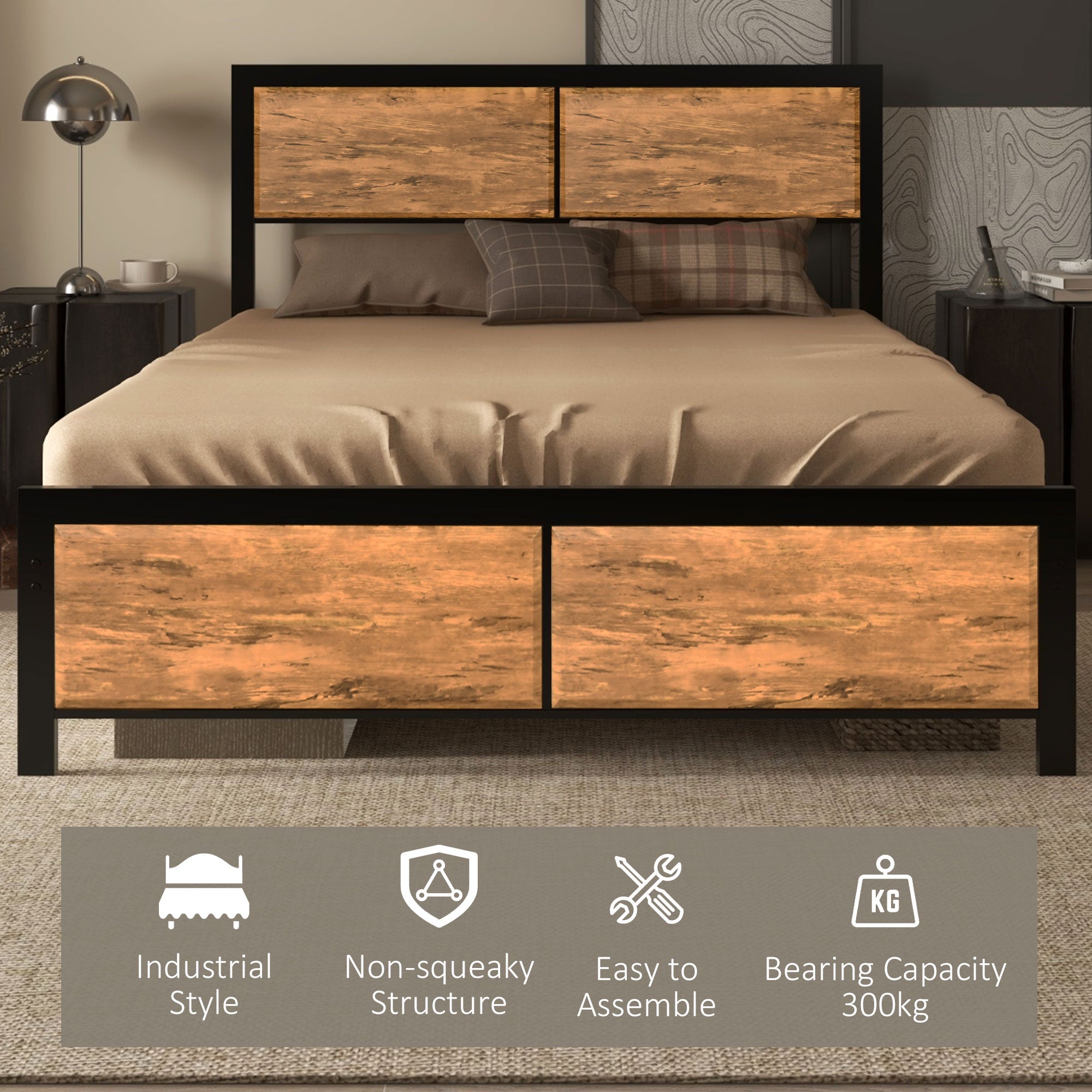 HOMCOM Industrial Double Bed Frame, 5FT Steel Bed Base with Headboard, Footboard, Slatted Support and Under Bed Storage, 147 x 197cm, Rustic Brown - North Peak Garden Furniture