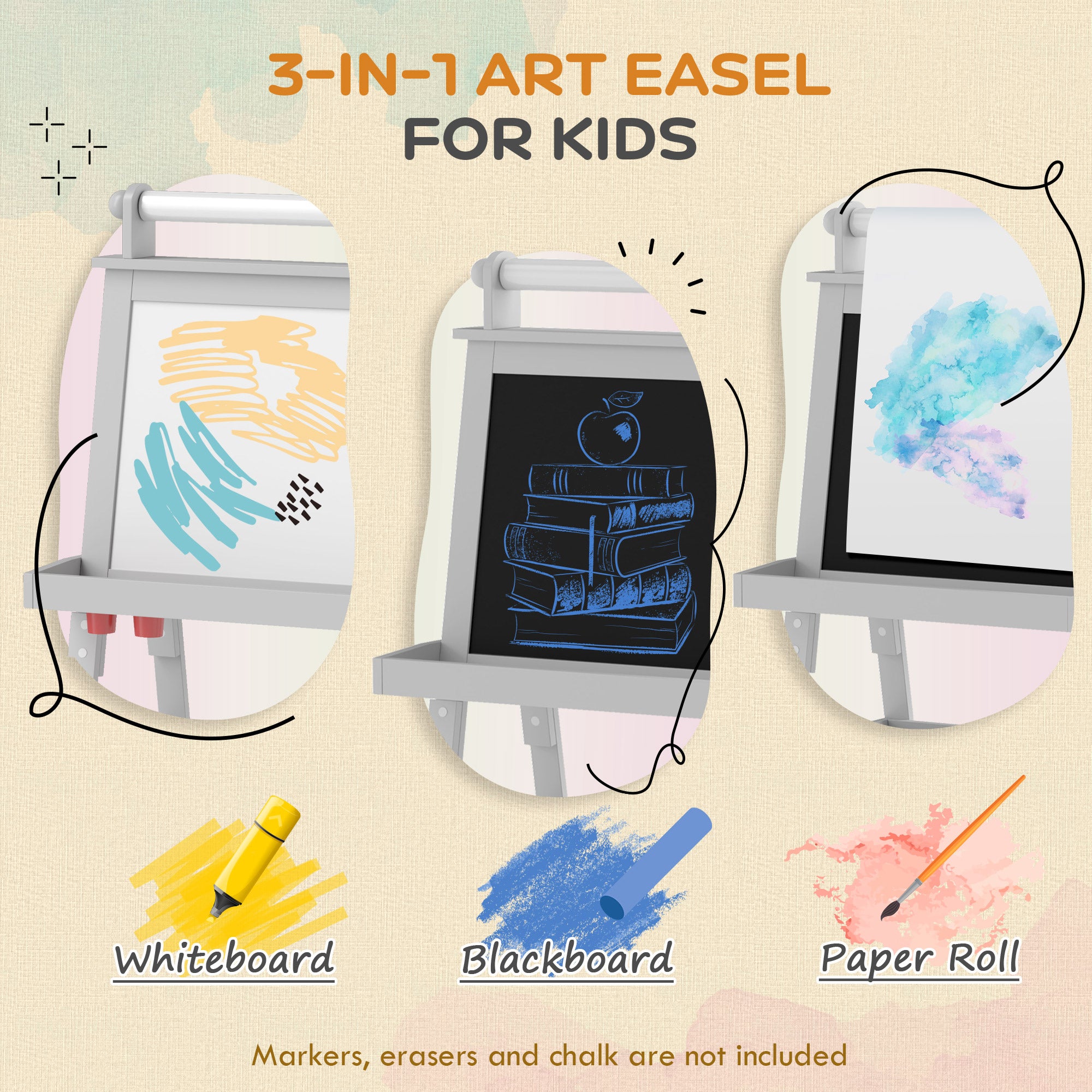 AIYAPLAY 3 in 1 Kids Easel Double-Sided Magnetic Whiteboard and Chalkboard with Paper Roll, Storage Baskets - Grey - North Peak Garden Furniture