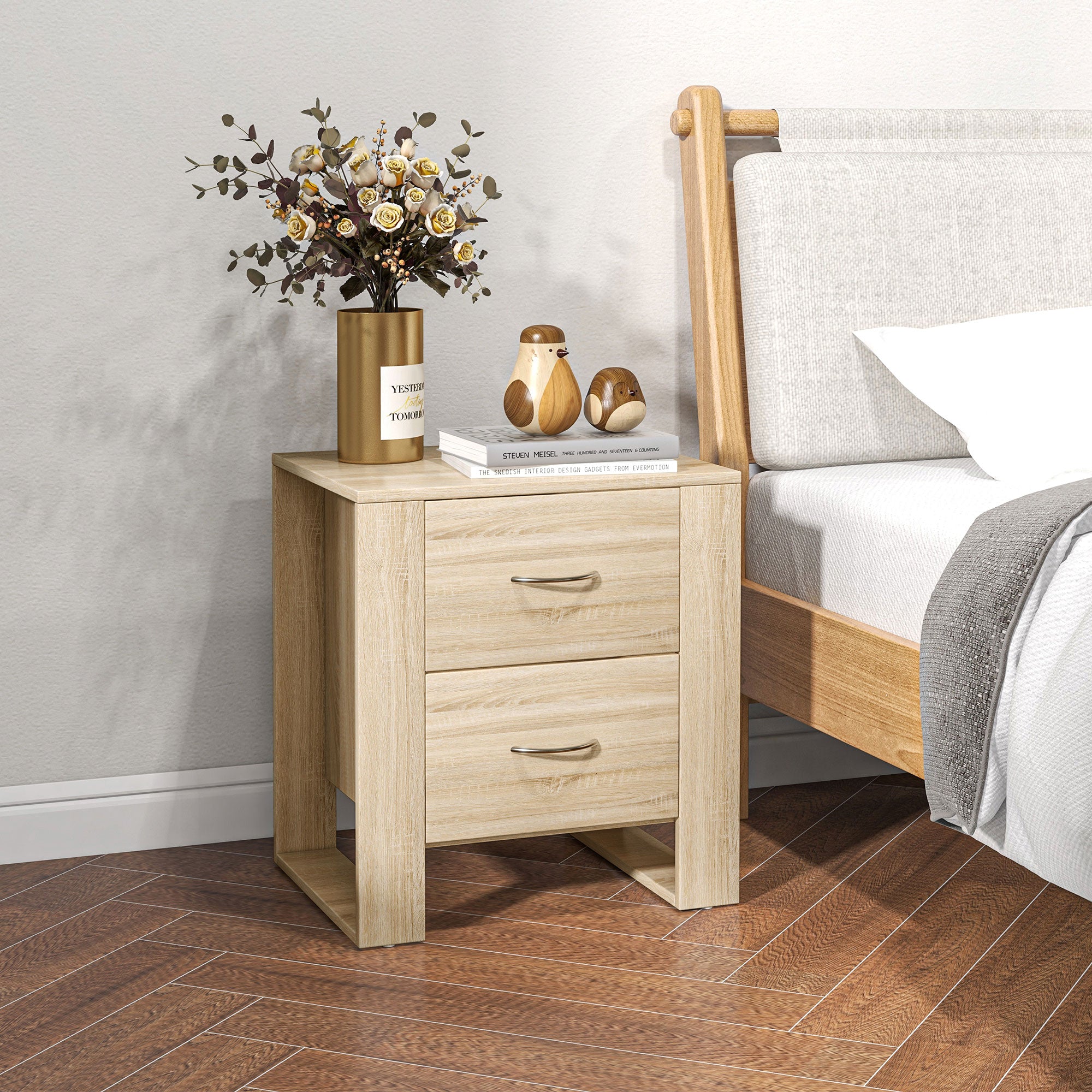 HOMCOM Bedside Table with 2 Drawers, Nightstand with Handles and Elevated Base, Side Table for Bedroom, Living Room, Set of 2, Brown - North Peak Garden Furniture