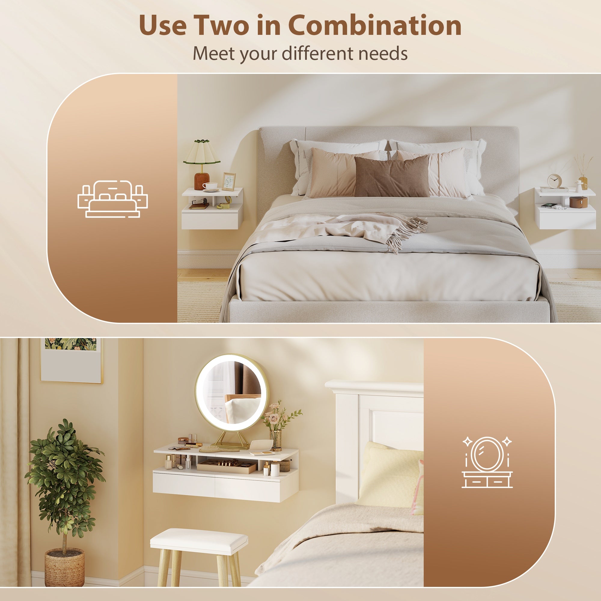 HOMCOM Set of Two Floating Bedside Tables - White