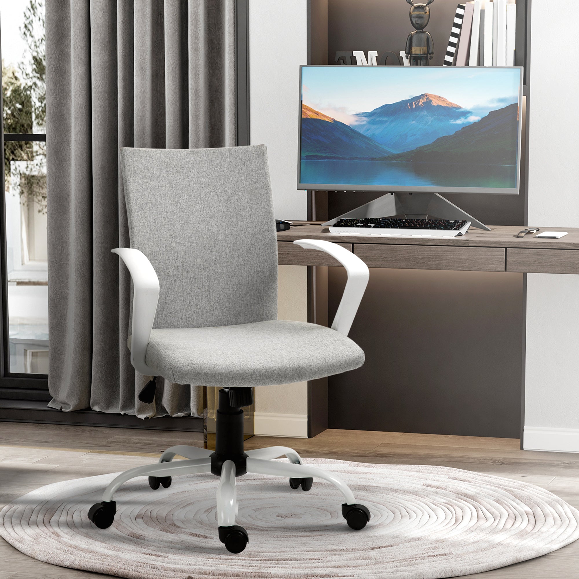 Vinsetto Office Chair Linen Swivel Computer Desk Chair Home Study Task Chair with Wheels, Arm, Adjustable Height, Light Grey - North Peak Garden Furniture