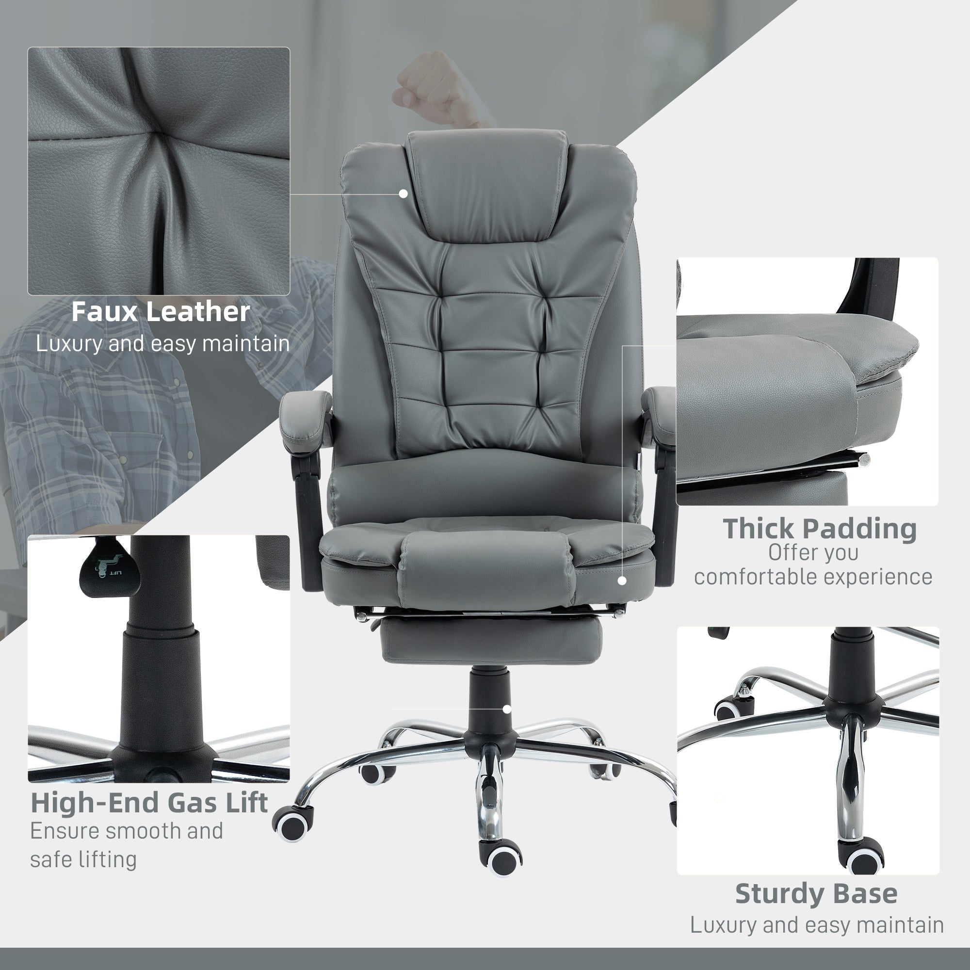 HOMCOM Executive Office Chair, PU Leather Home Office Chair with Swivel Wheels, Reclining Backrest, Retractable Footrest, Grey - North Peak Garden Furniture