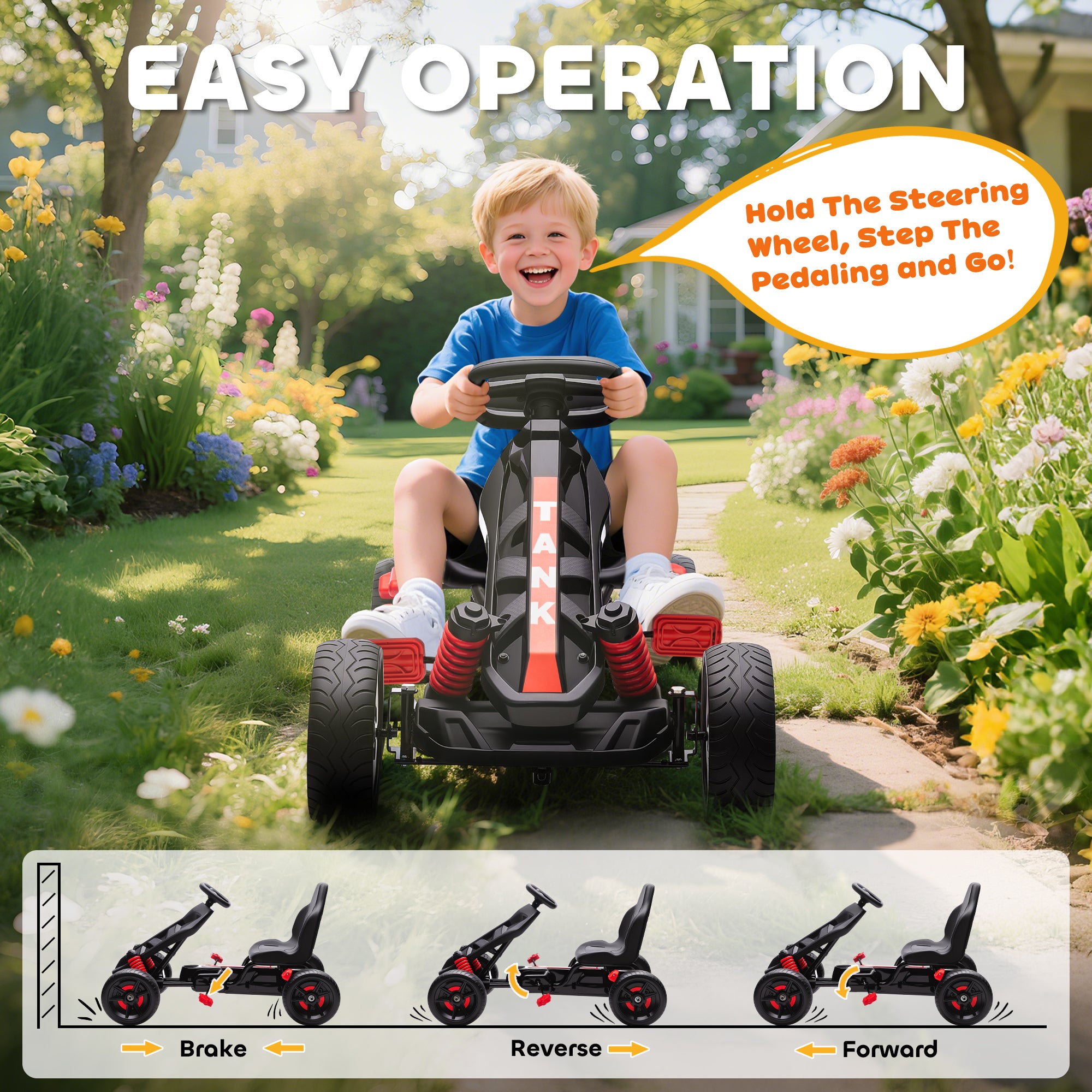 AIYAPLAY Pedal Go kart for Kids Ages 3-6 Years, with Automatic Clutch, Brake, EVA Anti-Slip Wheels, Red