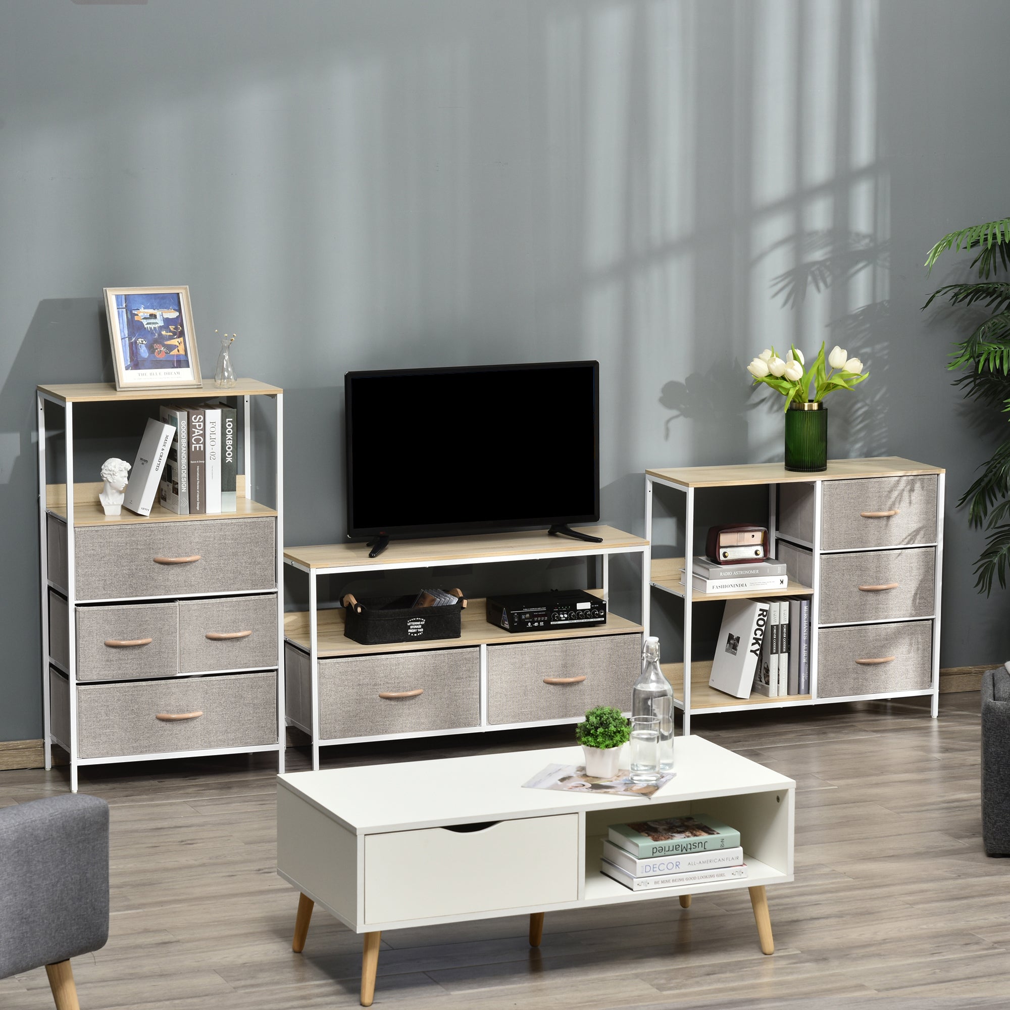 HOMCOM Chest of Drawers Storage Dresser Cabinet Organizer with 3 Fabric Drawers and 2 Display Shelves for Living Room, Bedroom, Hallway, Beige - North Peak Garden Furniture