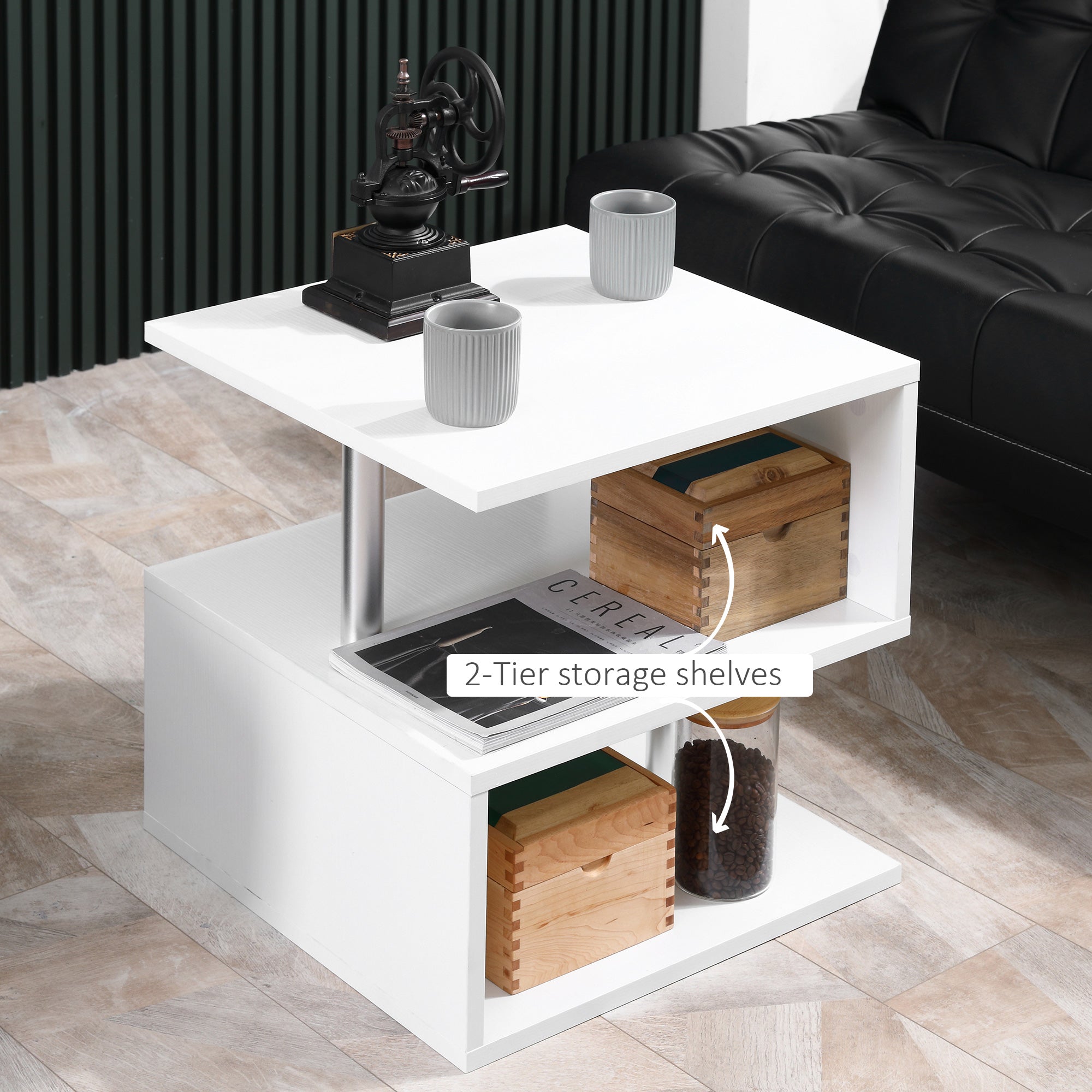 HOMCOM Wooden S Shape Cube Coffee Table 2 Tier Storage Shelves Organizer Office Bookcase Living Room End Desk Stand Display (White) - North Peak Garden Furniture