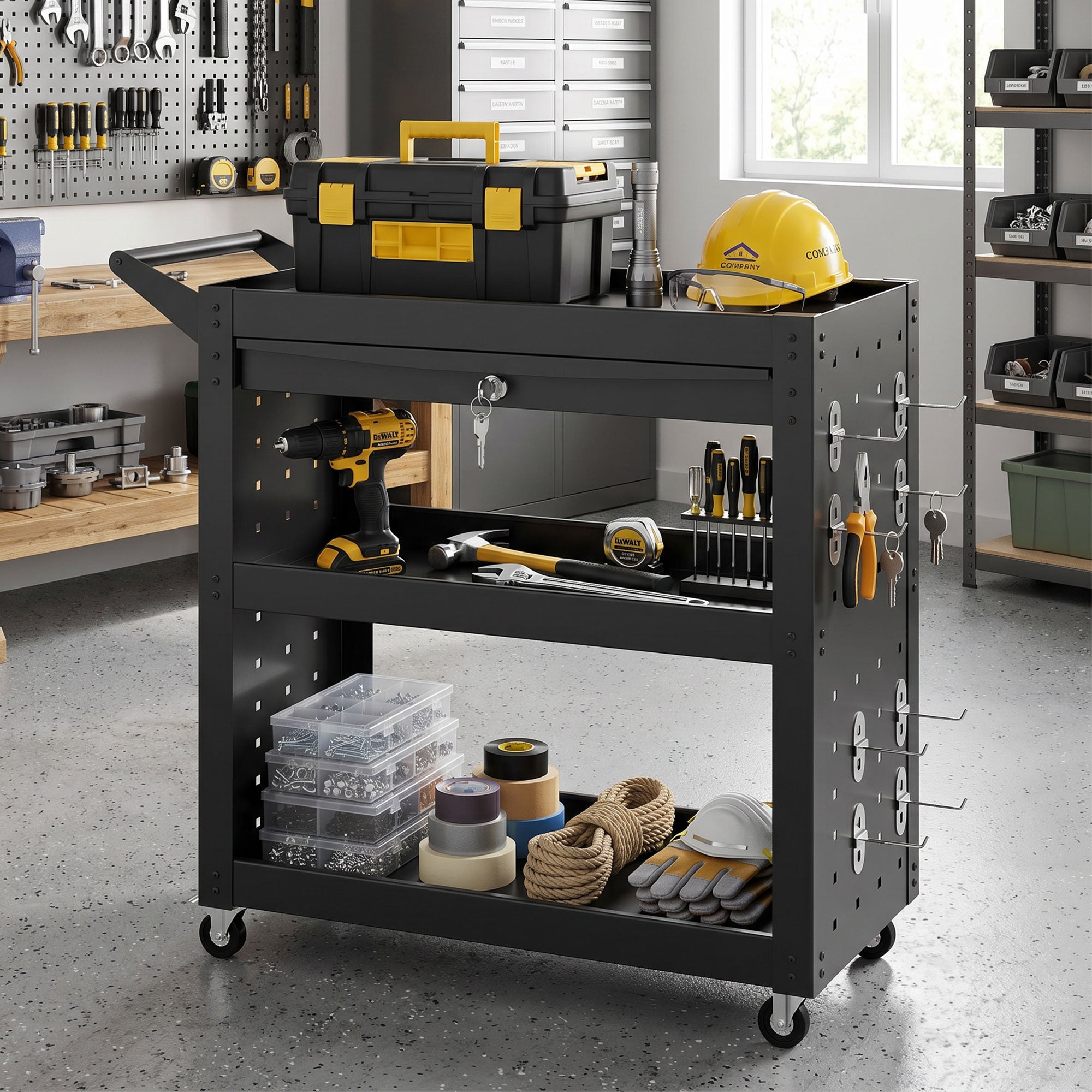 HOMCOM Tool Cart with Lockable Wheels, Rolling Workshop Cart with 3-Tier Trays, Drawer, Pegboards, Black