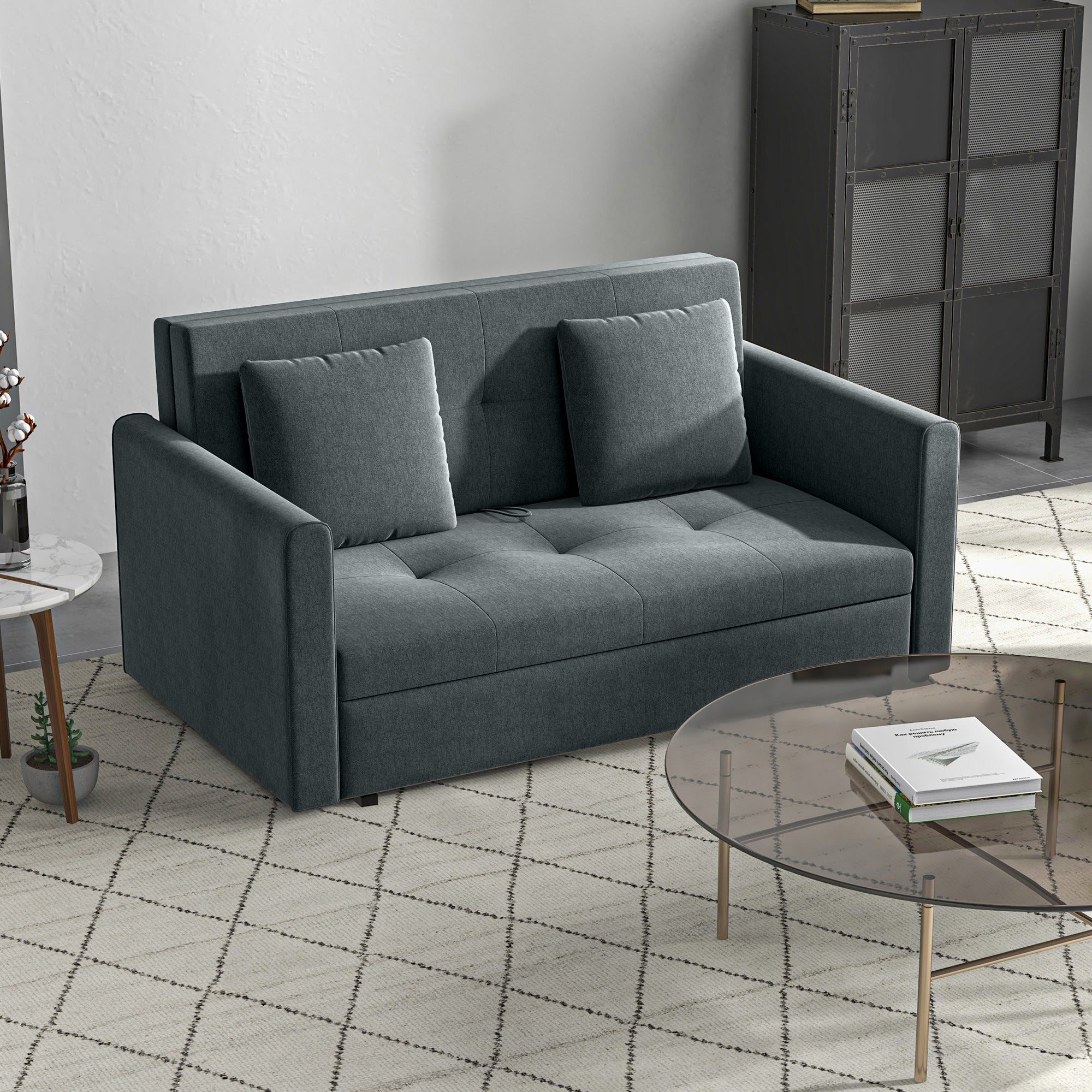 HOMCOM 2 Seater Sofa Bed, Convertible Bed Settee, Modern Fabric Loveseat Sofa Couch with 2 Cushions, Hidden Storage for Living Room, Guest Room, Dark Grey - North Peak Garden Furniture