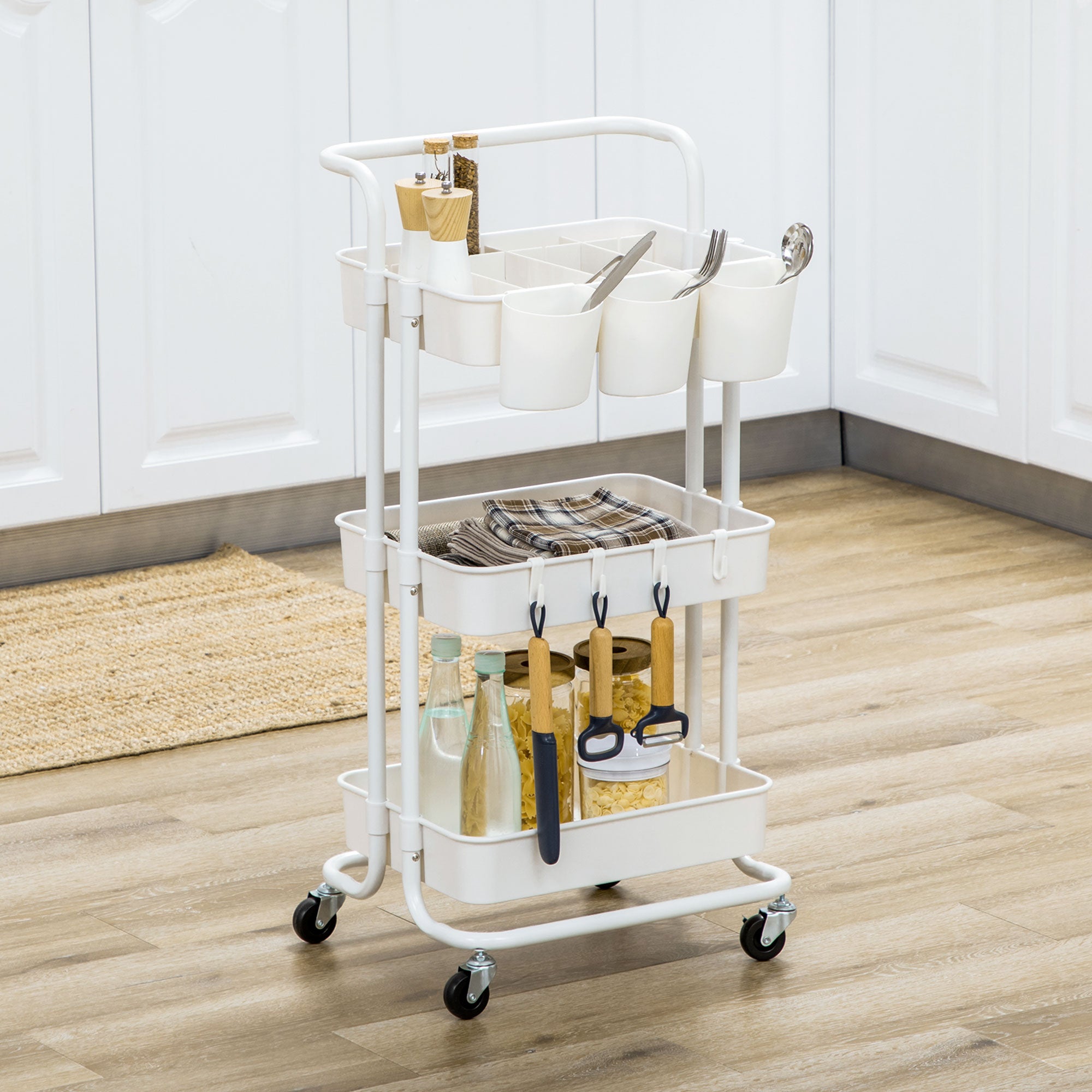 HOMCOM Three-Tier Home Trolley, with Handle and Wheels - White - North Peak Garden Furniture