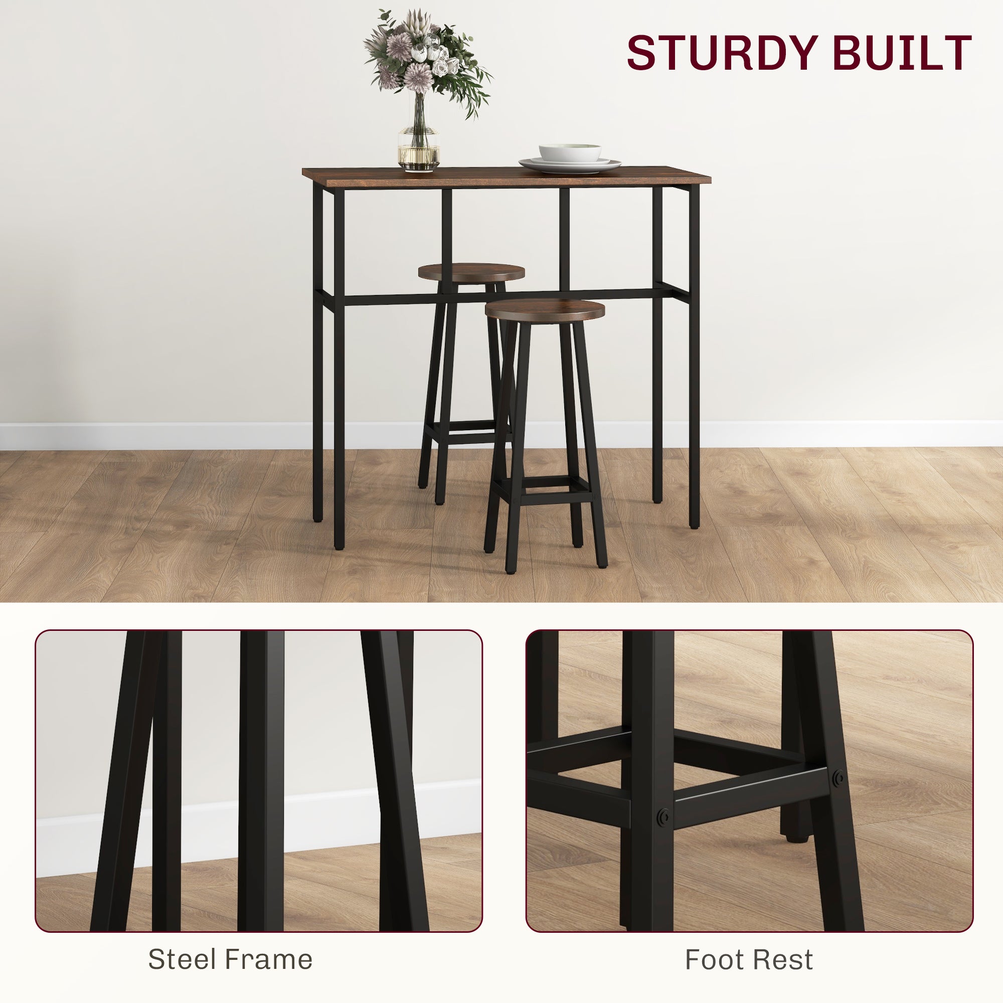 HOMCOM 6-Piece Bar Table Set, 2 Breakfast Tables with 4 Stools, Counter Height Dining Tables & Chairs for Kitchen, Living Room, Rustic Brown - North Peak Garden Furniture