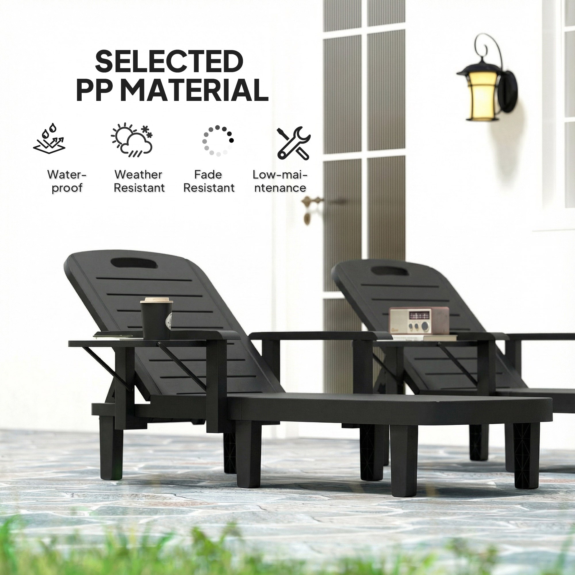 Outsunny Set of 2 Reclining Sun Loungers, 5 Positions Adjustable Outdoor Chaise Lounge Chair with Armrests, Black