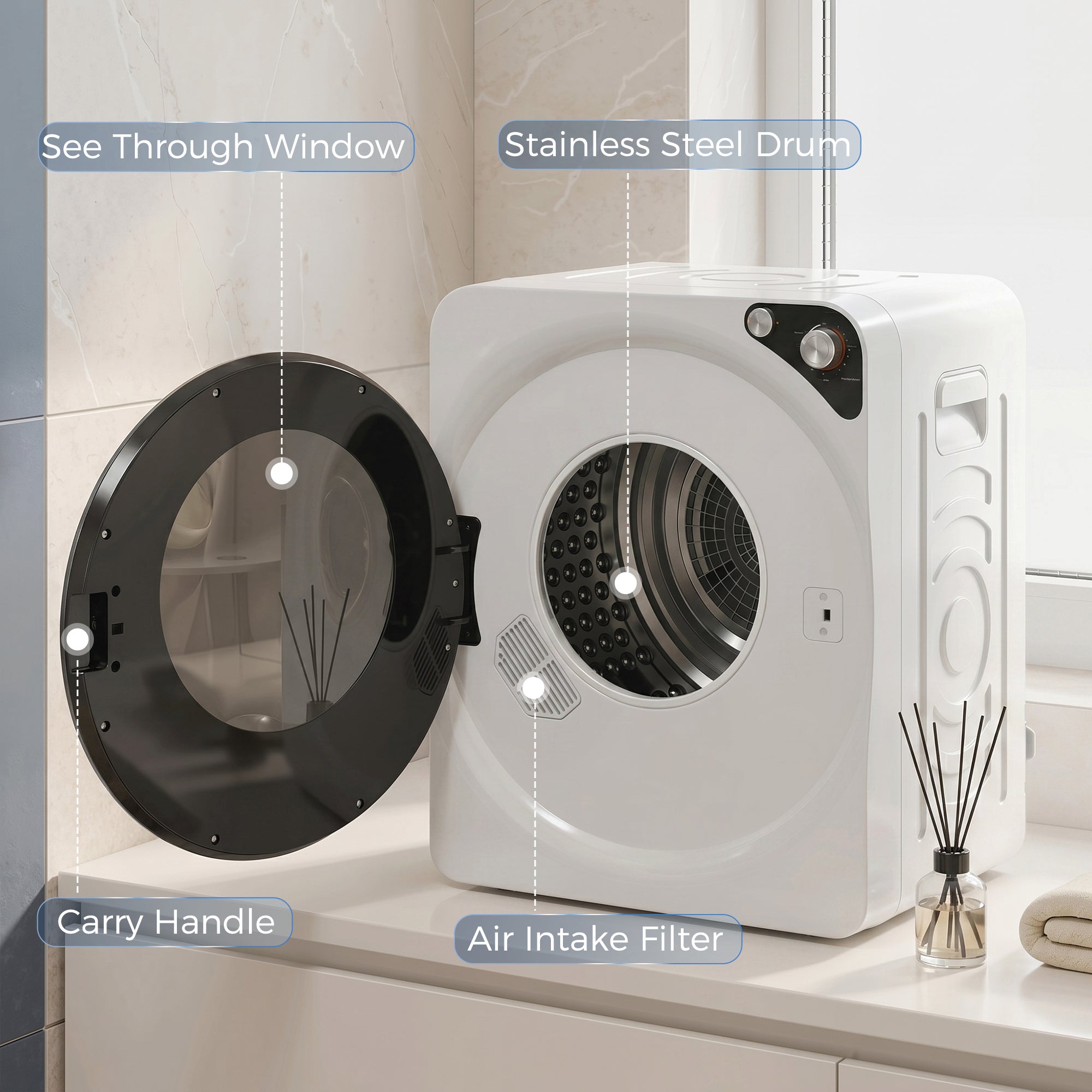 HOMCOM 5kg Vented Tumble Dryer, 1000W Compact Tumble Dryer with 5 Drying Modes, Stainless Steel Tub, White