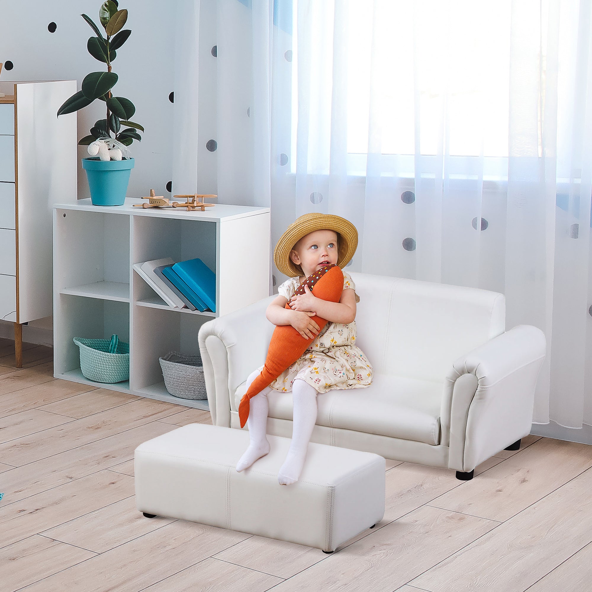 HOMCOM 2 Seater Toddler Chair Kids Twin Sofa Childrens Double Seat Chair Furniture Armchair Boys Girls Couch w/ Footstool (White) - North Peak Garden Furniture