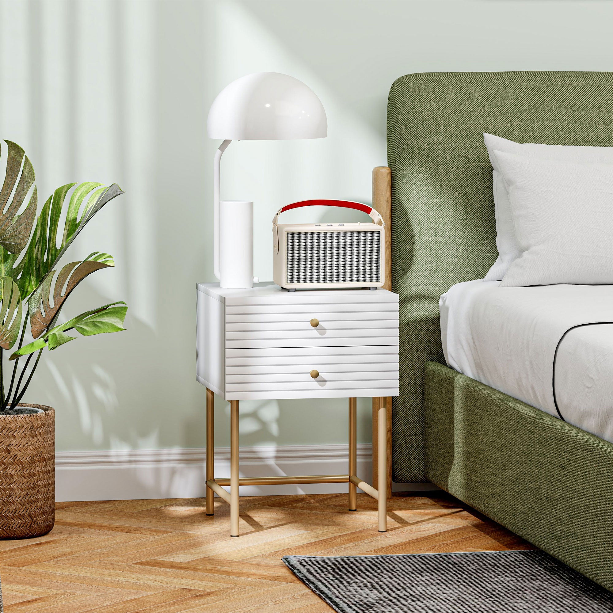 HOMCOM Set of Two Elegant Bedside Tables - White/Gold-Tone - North Peak Garden Furniture