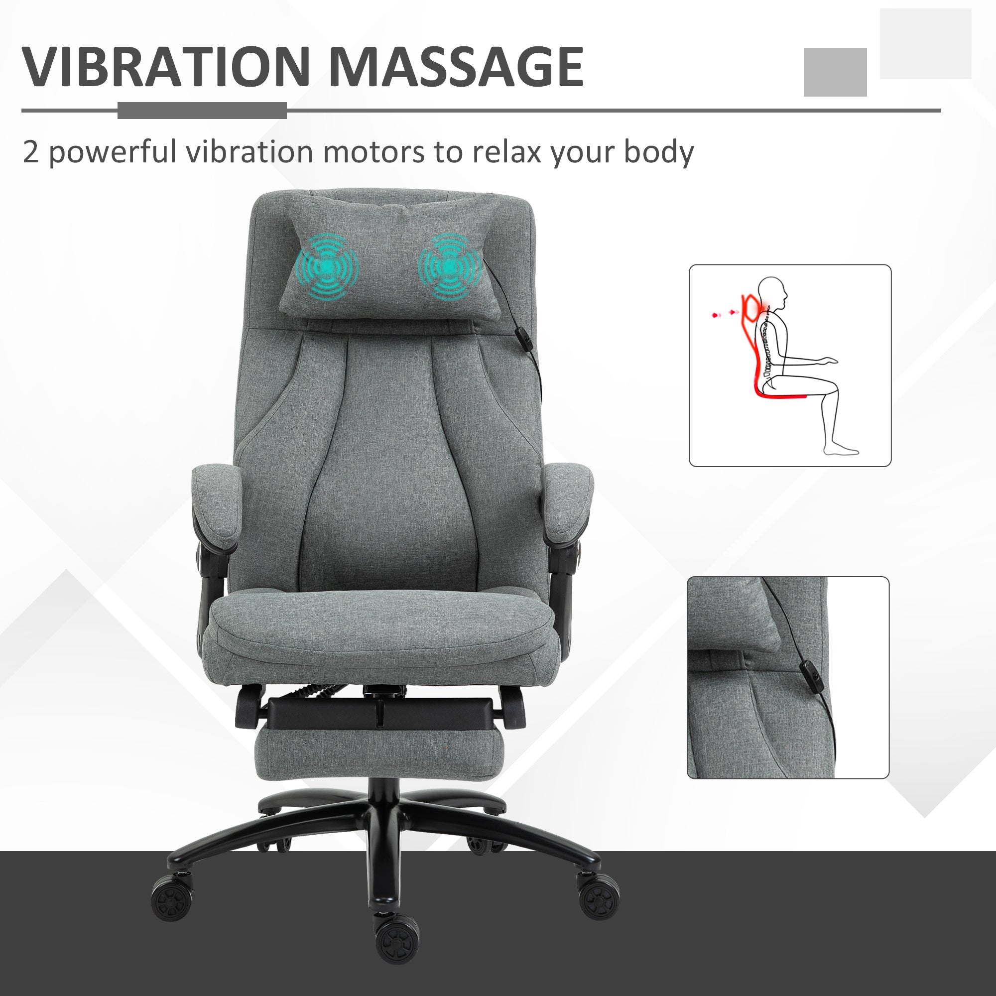 Vinsetto Office Chair, Fabric Desk Chair with Adjustable Massage Pillow, USB Power and Retractable Footrest, High Back, 360° Swivel, for Home, Grey - North Peak Garden Furniture