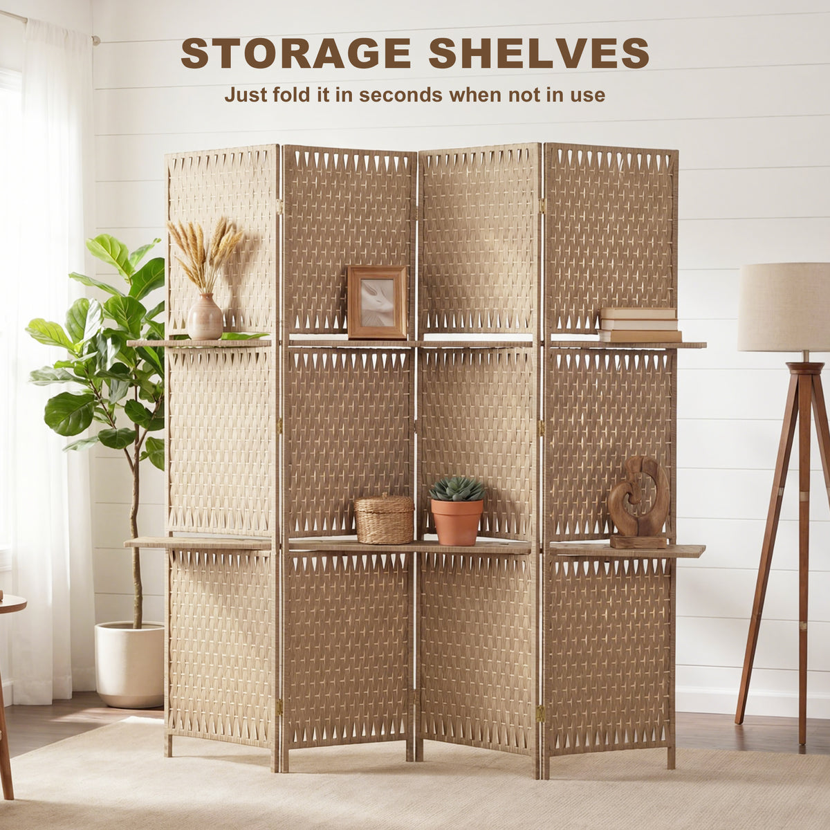 HOMCOM Wave Fibre Freestanding Folding Privacy Screen Panels, Room Divider, Natural Wood Finish