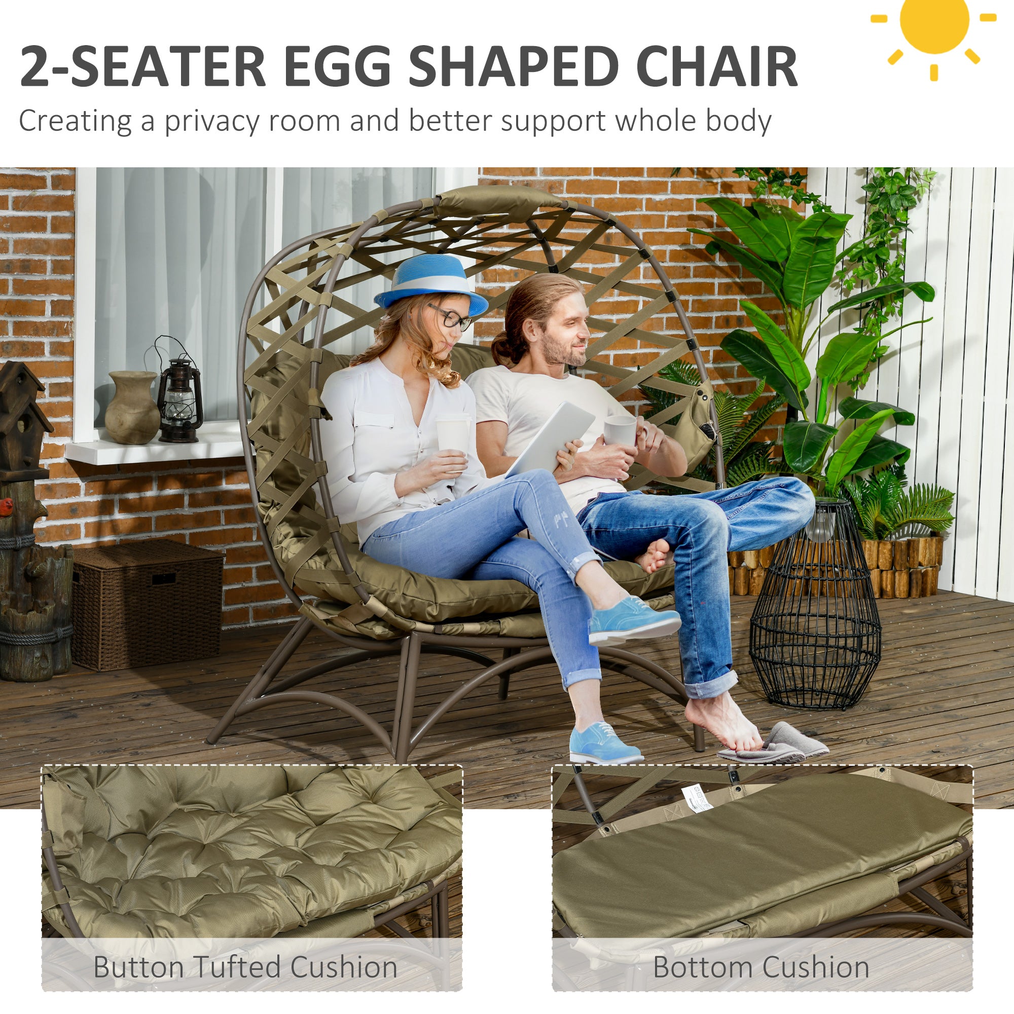 Outsunny 2 Seater Egg Chair Outdoor, Folding Weave Garden Furniture Chair with Cushion, Cup Pockets - Khaki - North Peak Garden Furniture