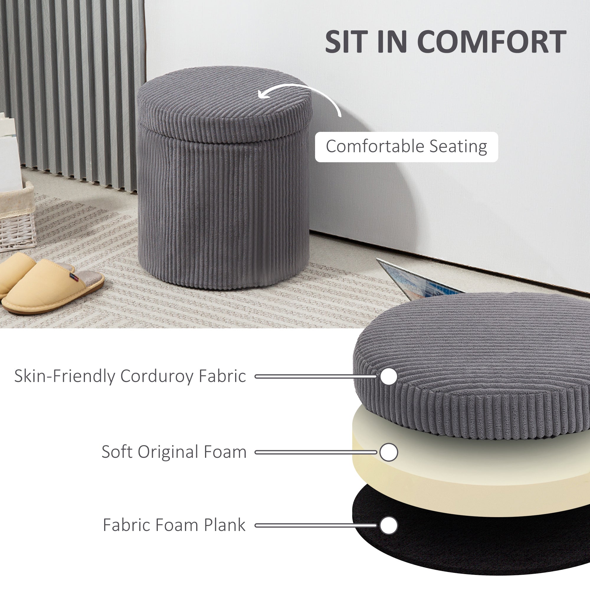 HOMCOM 40cm Round Storage Ottoman, Corduroy Footstool with Removable Lid and Legs, Vanity Stool for Living Room, Bedroom, Grey - North Peak Garden Furniture