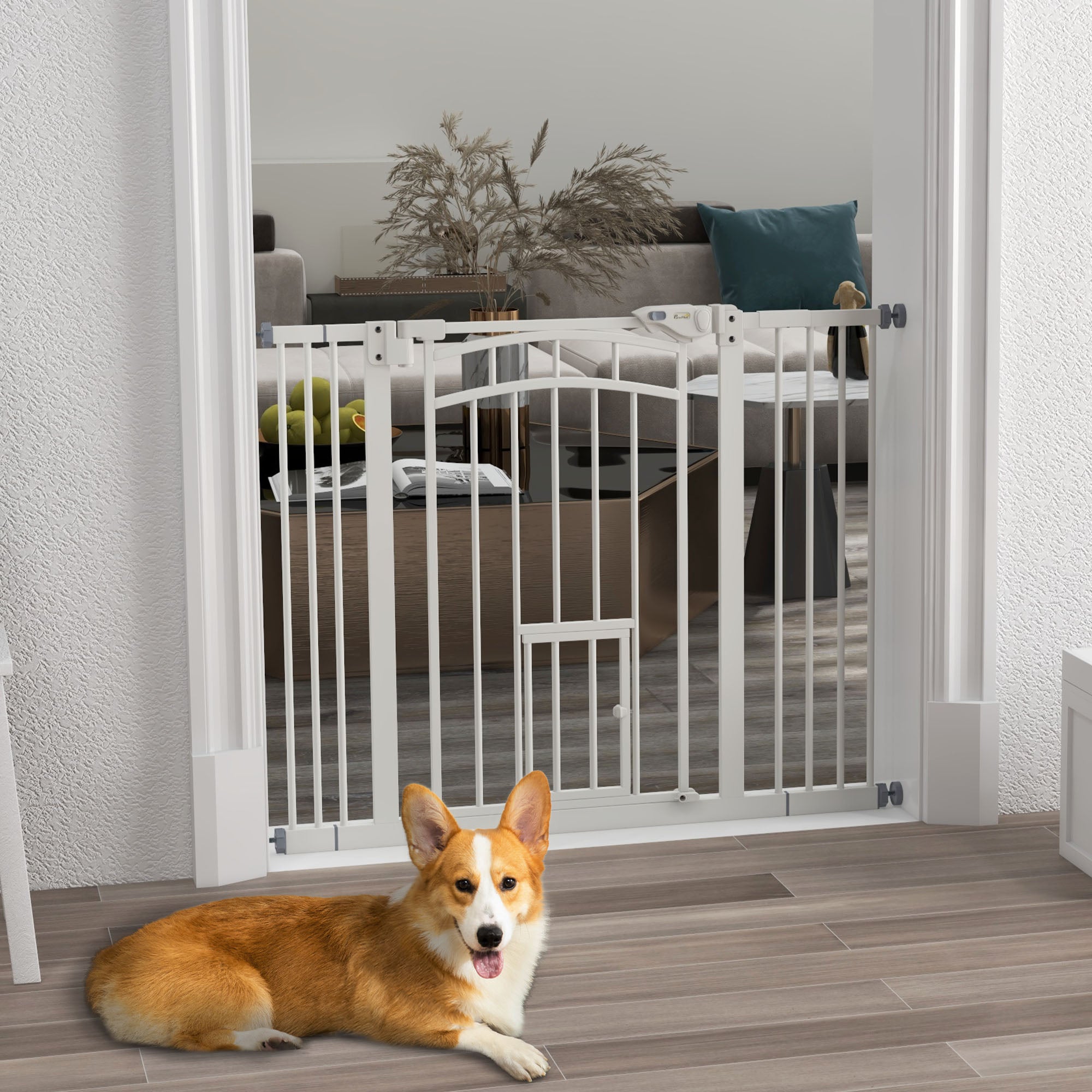 PawHut Pressure Fit Stair Dog Gate w/ Small Cat Door, Automatic Closing Door, Double Locking, for 74-100cm Openings - White - North Peak Garden Furniture