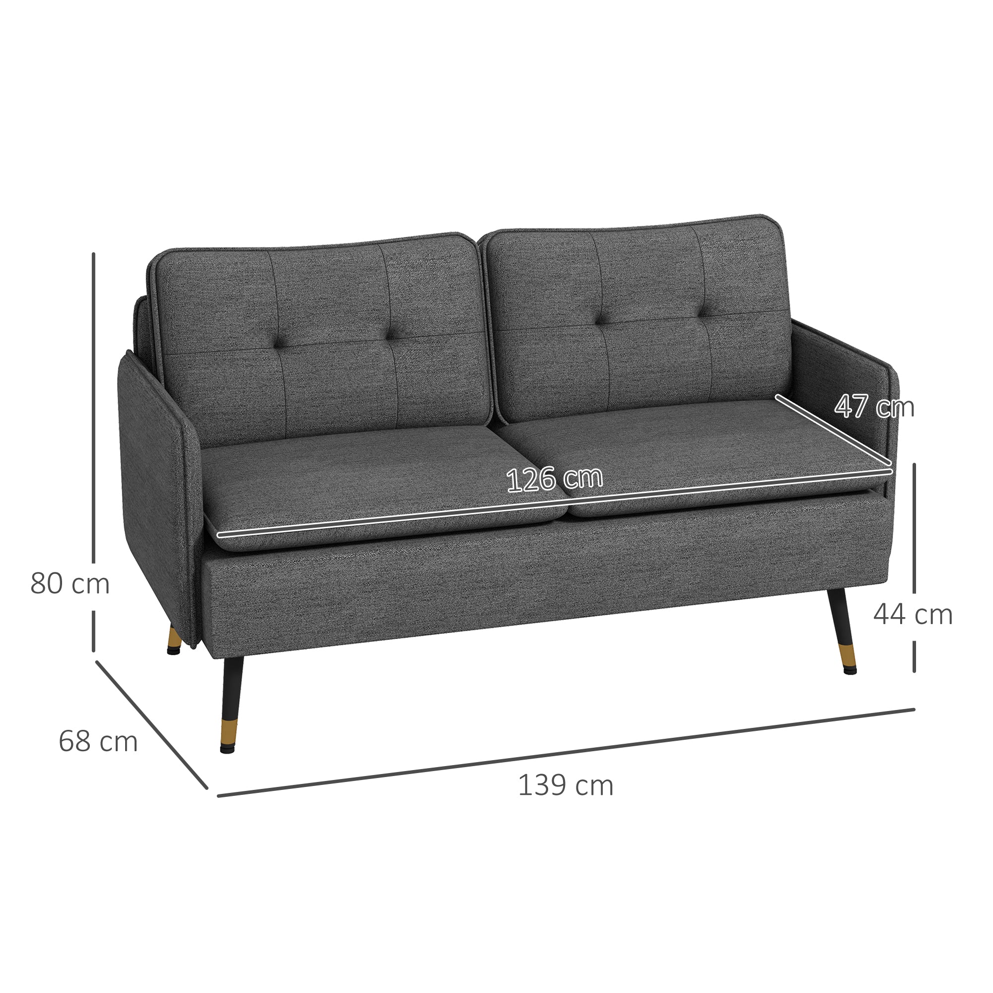 HOMCOM Modern Two Seater Sofa, Button Tufted Loveseat with Cushions and Steel Legs for Living Room, Guest Room, Dark Grey - North Peak Garden Furniture