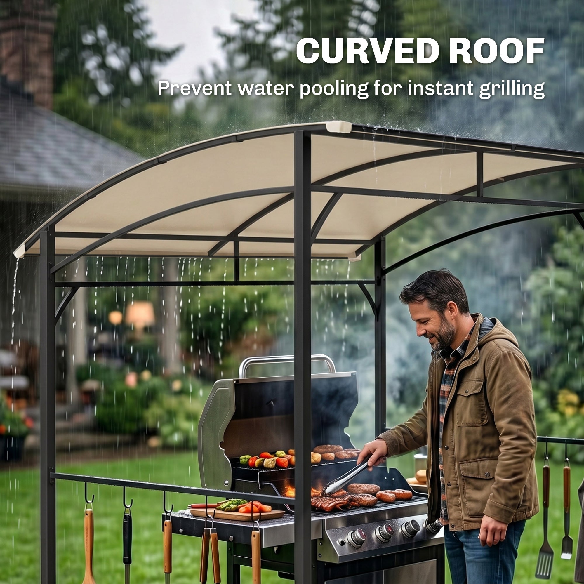 Outsunny 2.2 x 1.5 m BBQ Grill Gazebo Tent, Garden Grill with Metal Frame, Curved Canopy and 10 Hooks, Outdoor Sun Shade, Beige