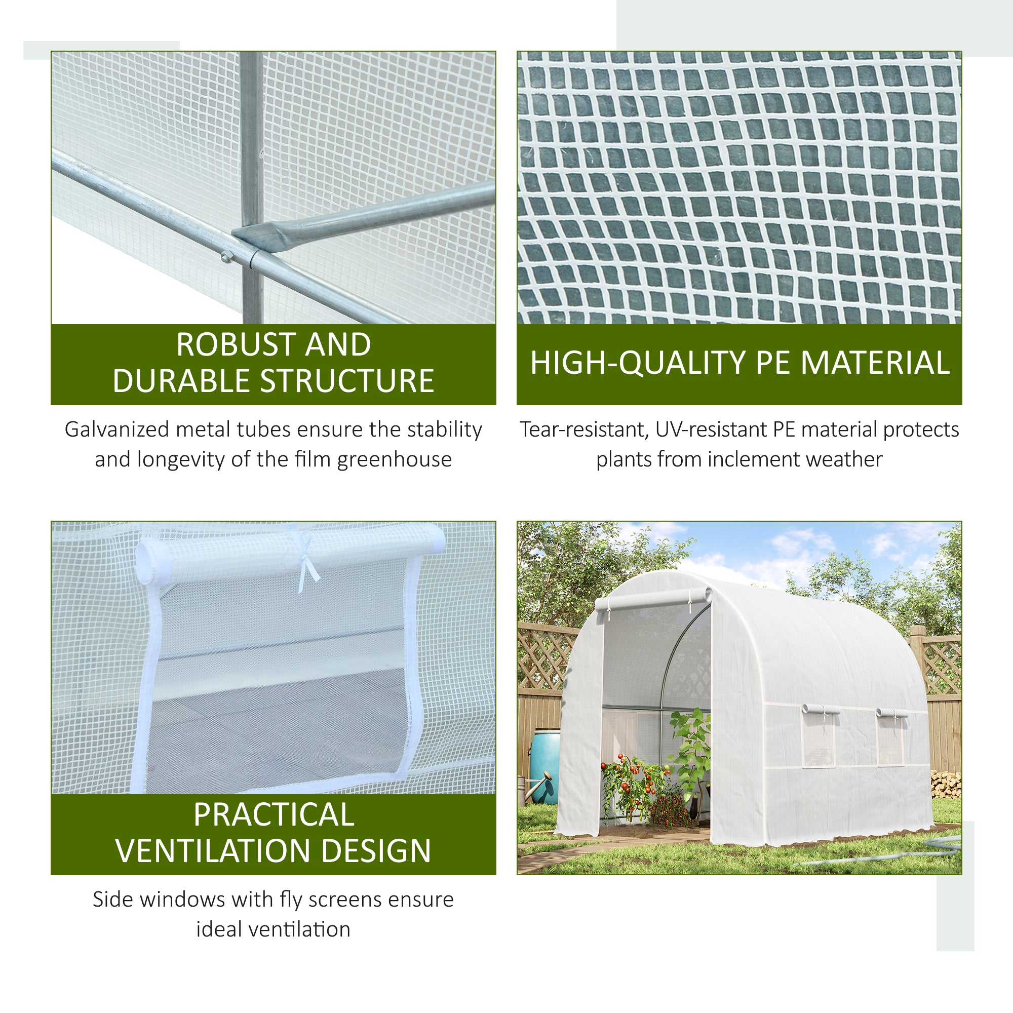 Outsunny 2.5 x 2 x 2 m Polytunnel Greenhouse, Walk-in Green House for Garden with Mesh Windows, Galvanised Steel Frame, White - North Peak Garden Furniture