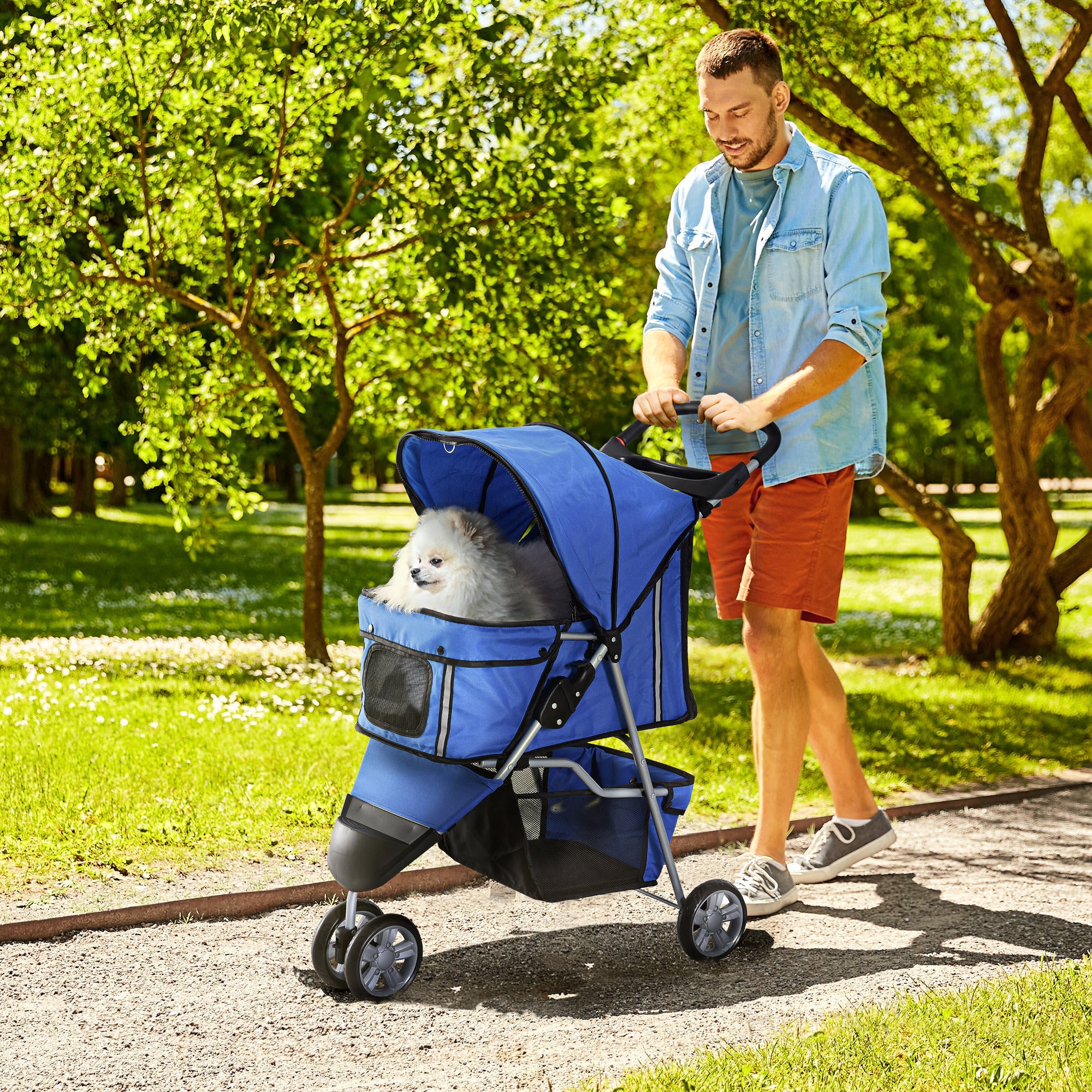 PawHut Dog Stroller, 3 Wheels Foldable Cat Dog Pram with Cup Holder, Storage Basket, Pet Stroller for Small Miniature Dogs, Blue - North Peak Garden Furniture