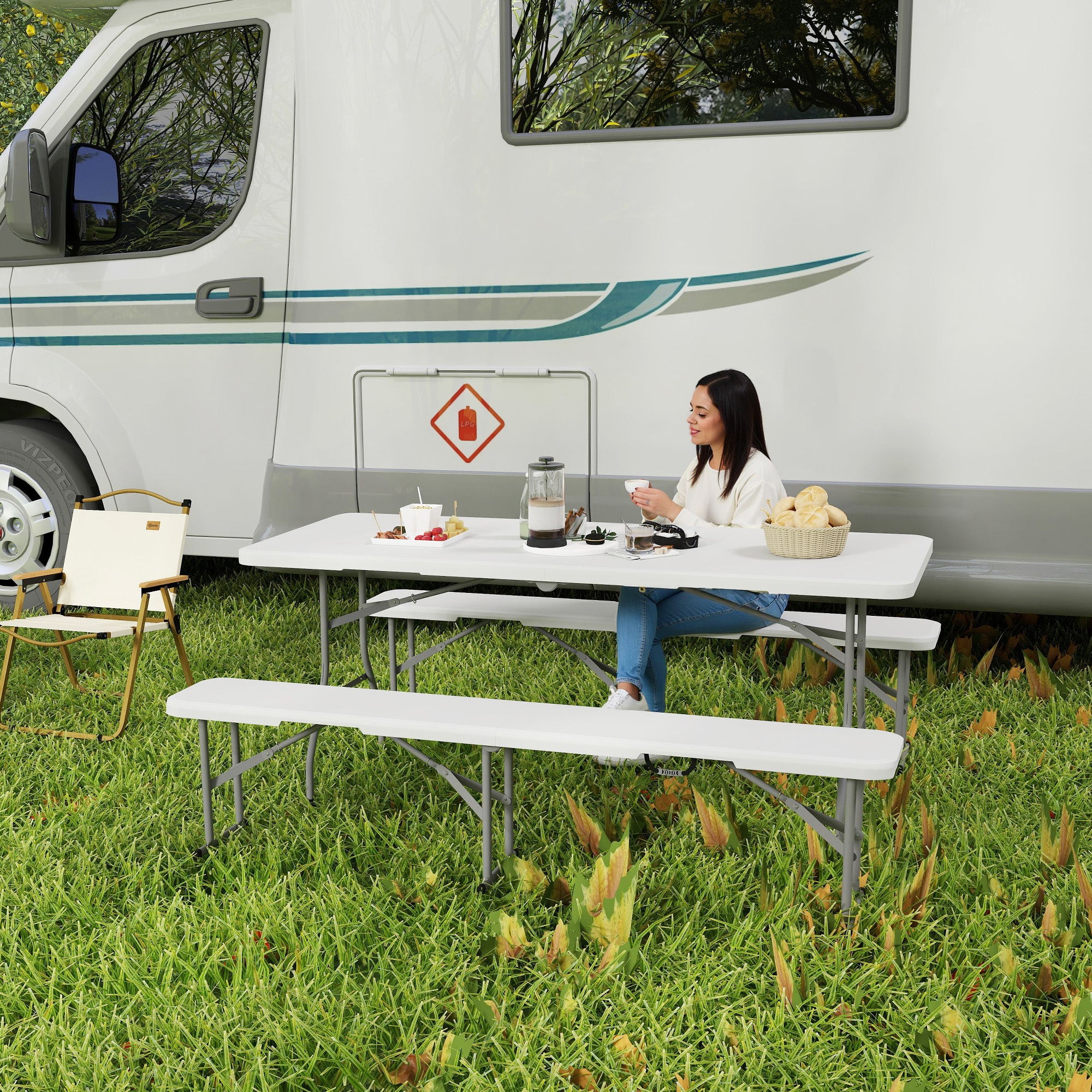 Outsunny 3 Piece 6ft Folding Picnic Table and Bench Set, Portable HDPE Camping Table and Chairs with Carrying Handles for Indoor Outdoor, Dining, Camping, Picnic, BBQ, Party, White - North Peak Garden Furniture
