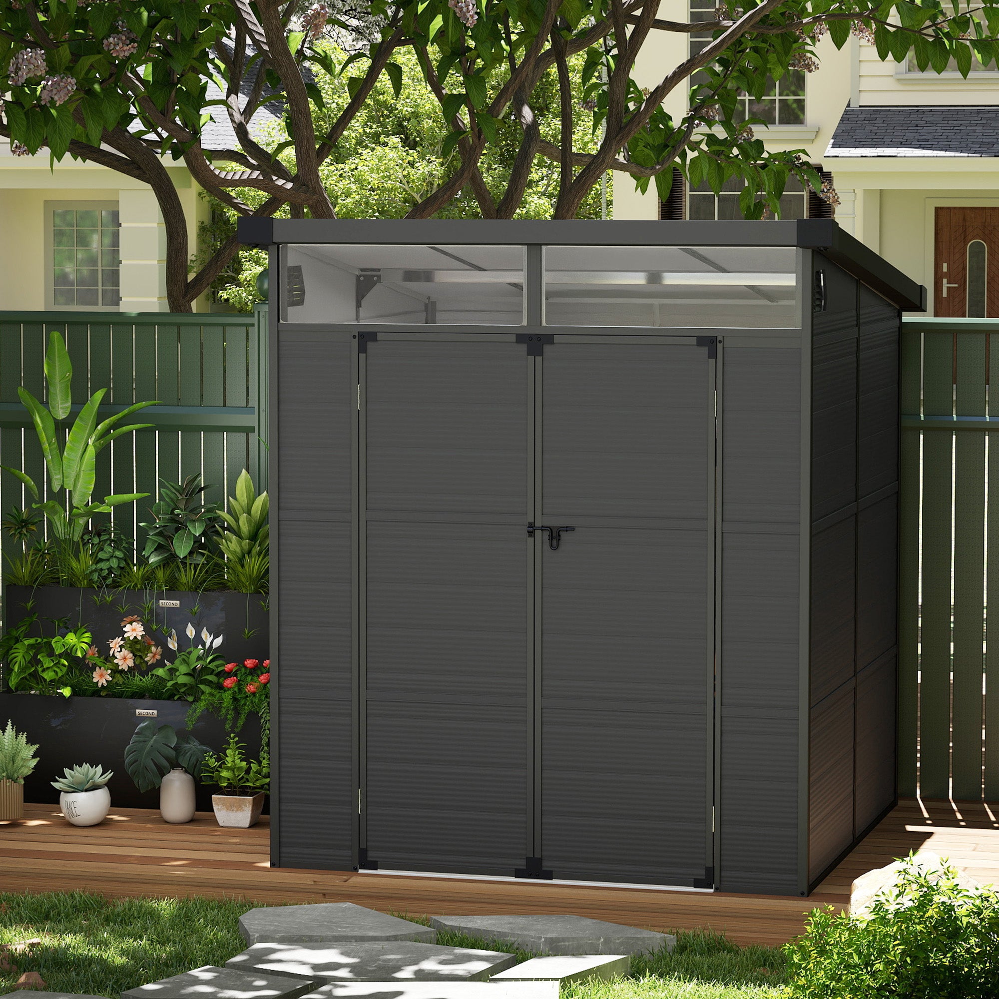 Outsunny 6 x 6ft Outdoor Storage Shed, Plastic Garden Shed with Windows and Air Vents, Outdoor Resin Tool Shed with Latch Doors for Garden, Deck, Dark Grey - North Peak Garden Furniture