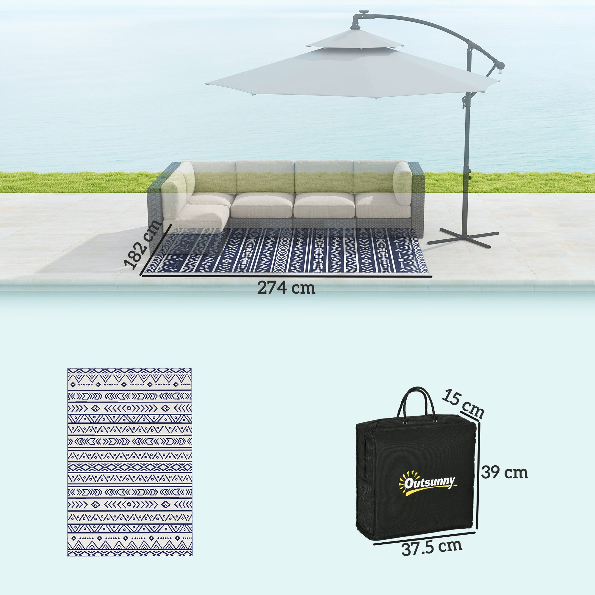 Outsunny Reversible Outdoor Rug with Carry Bag, Waterproof Plastic Straw Mat for Garden, Deck, RV, Picnic, Beach, Camping, 182 x 274cm, Dark Blue and White - North Peak Garden Furniture