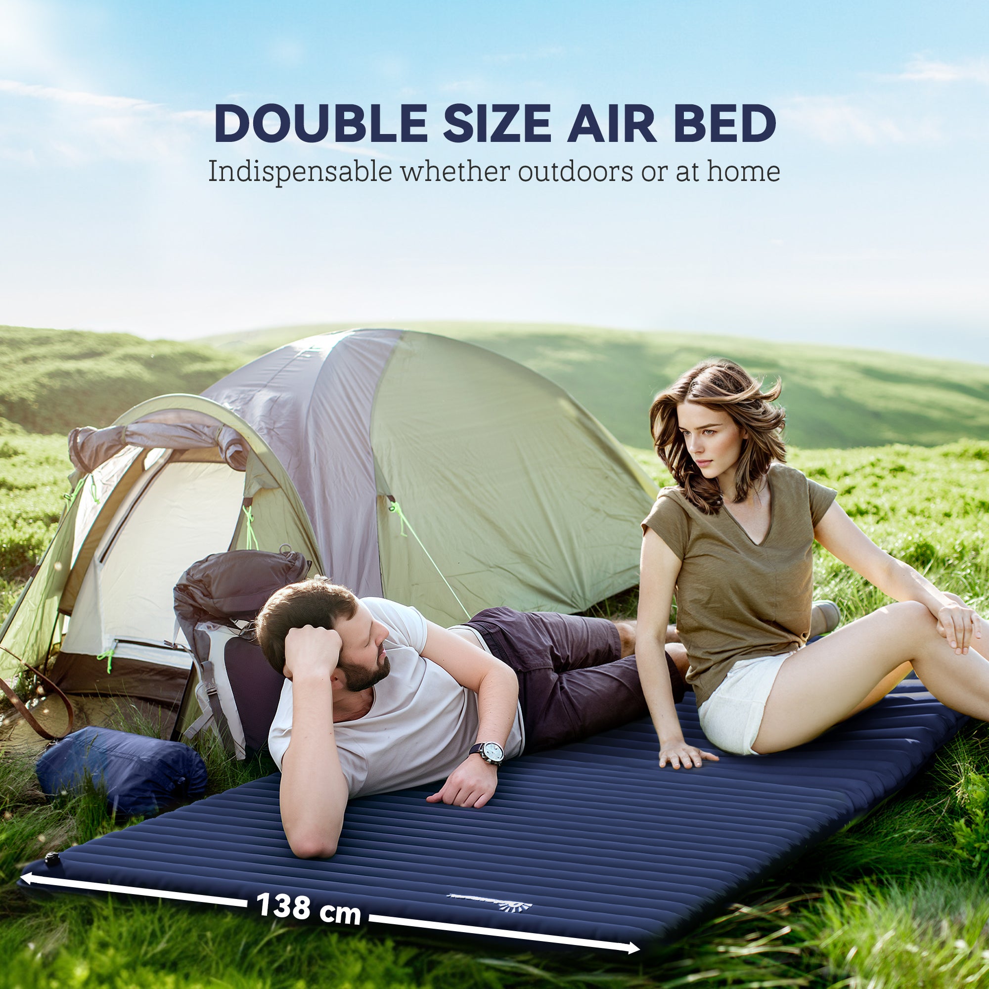 Outsunny 2 Person Camping Inflating Sleeping Mat Inflatable Mattress Ultralight Folding Bed Portable Air Bed for Outdoor Backpacking Hiking Travel - Blue - North Peak Garden Furniture