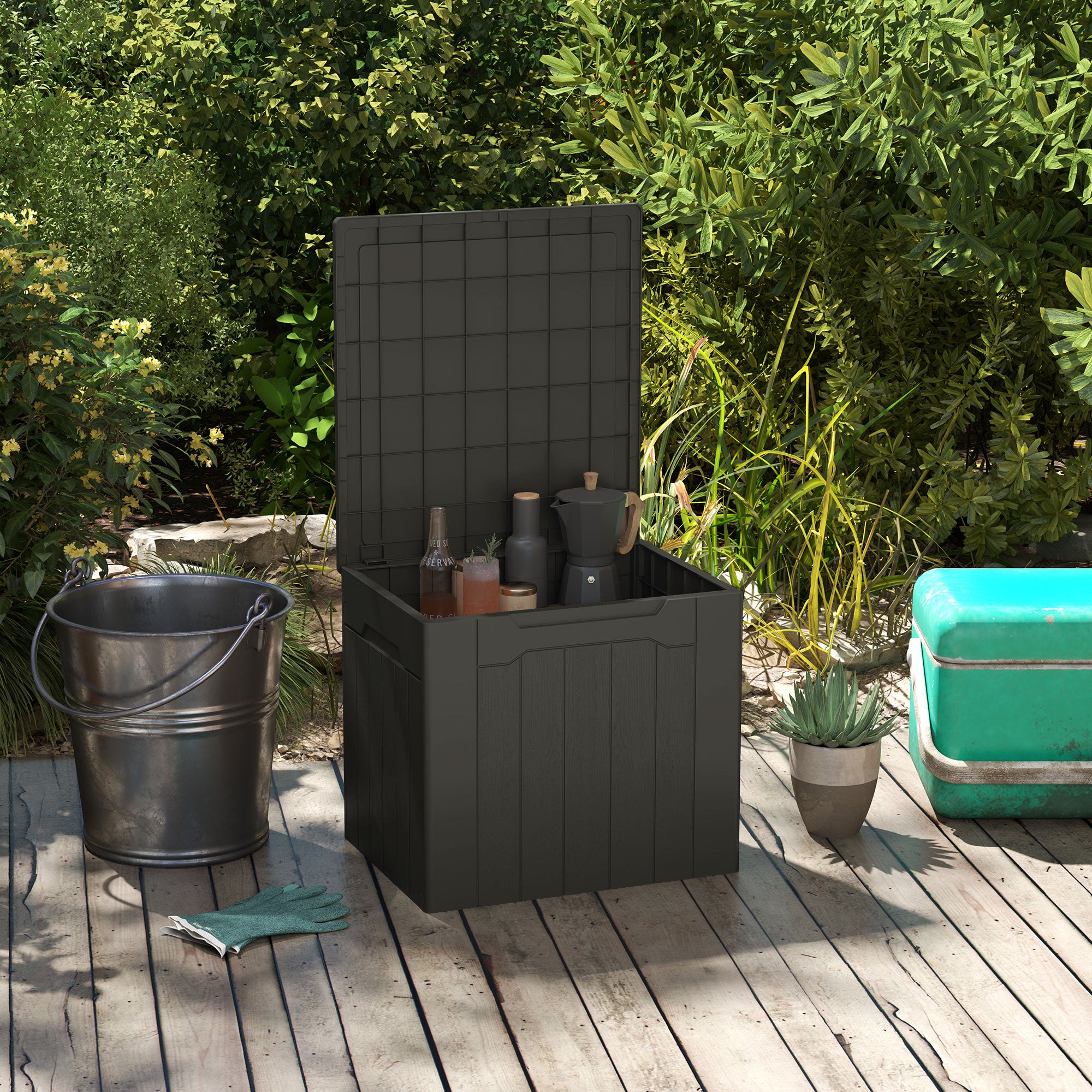 HOMCOM 107 L Plastic Storage Chest with Lid - Charcoal Grey - North Peak Garden Furniture