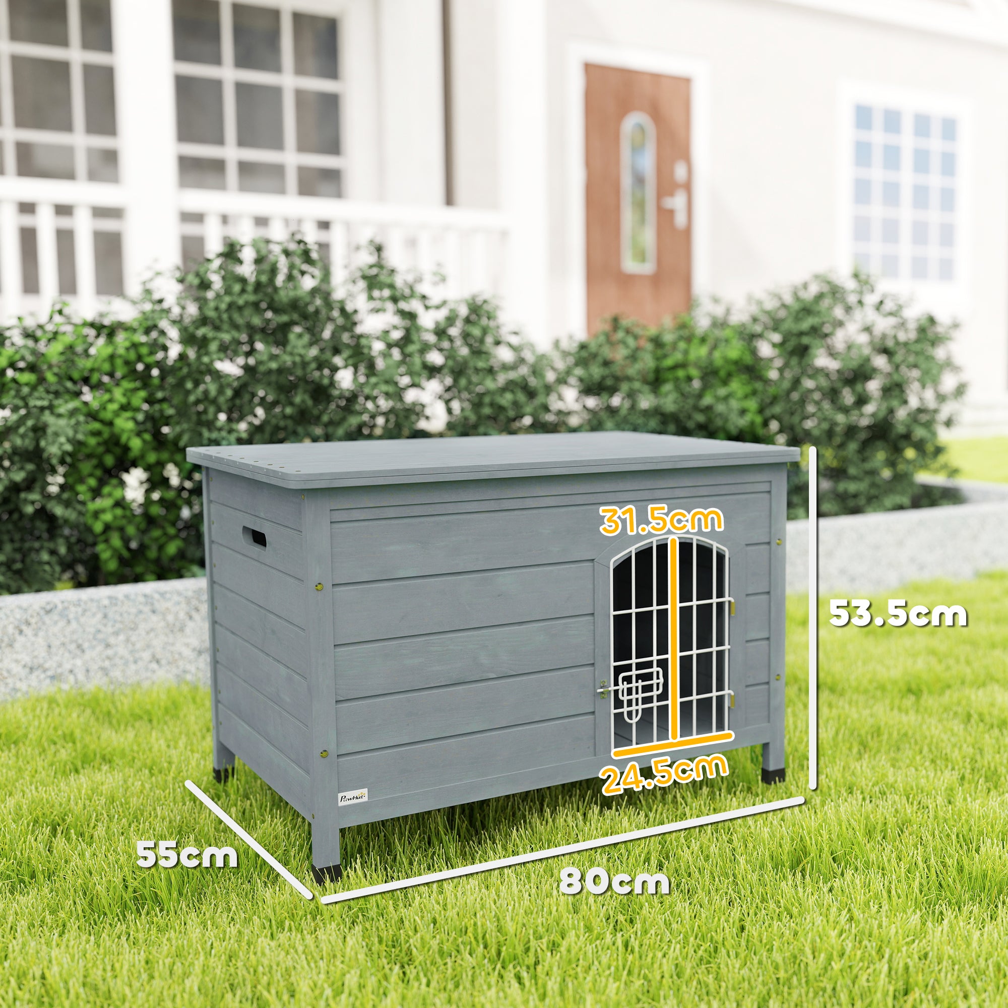 PawHut Wooden Dog House with Removable Bottom, Wire Door, Openable Top, Pet Shelter for Small Dog, 80 x 55 x 53.5cm, Dark Grey - North Peak Garden Furniture