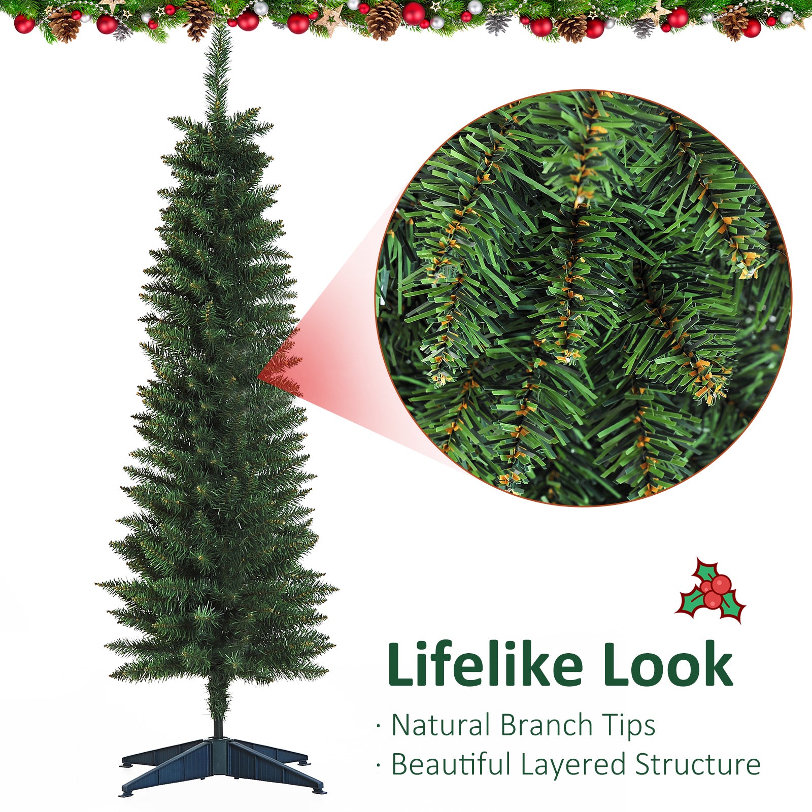 HOMCOM 5ft Unlit Artificial Christmas Tree, Pencil Slim Xmas Tree with Solid Stand and Realistic Branches, Green - North Peak Garden Furniture