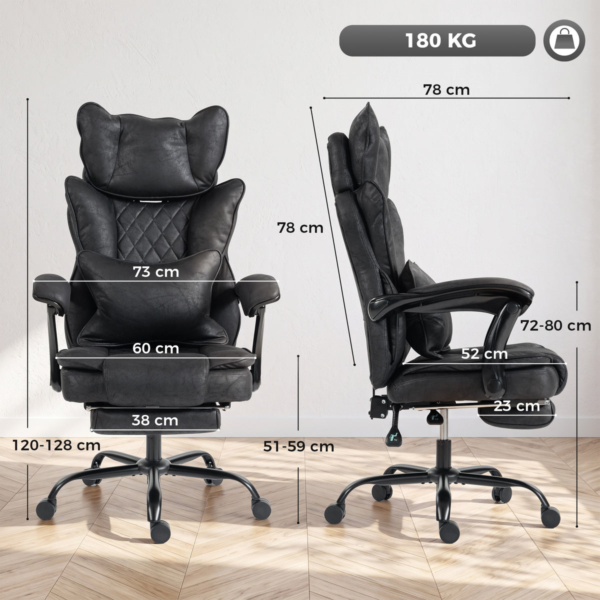 HOMCOM Executive Office Chair, Leathaire Big and Tall Office Chair 180 kg with Wide Seat, Reclining, Lumbar Support, Black